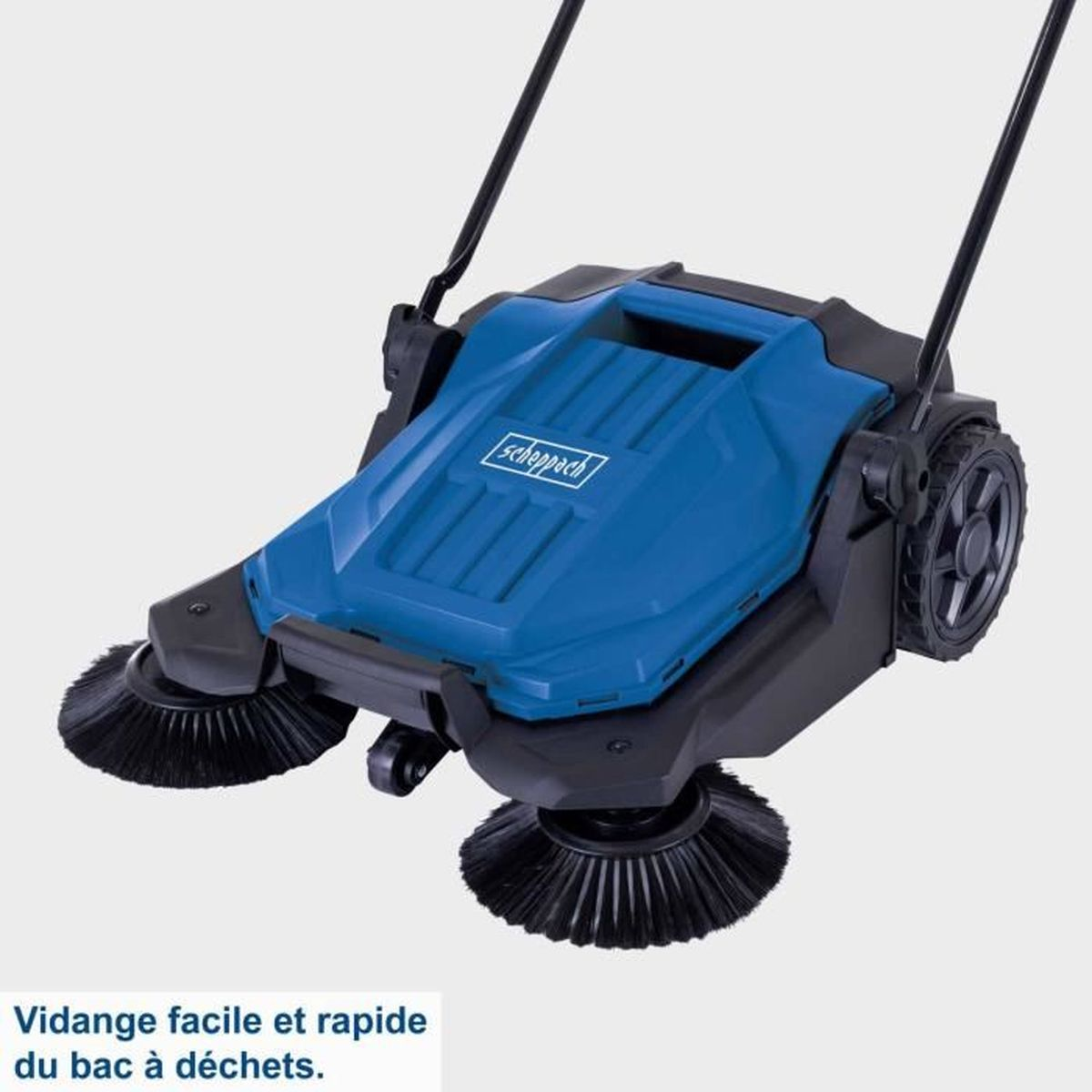 Blau-schwarzer Kehrbesen mit zwei Bürsten und Rädern. Text: Einfaches und schnelles Entleeren des Behälters.