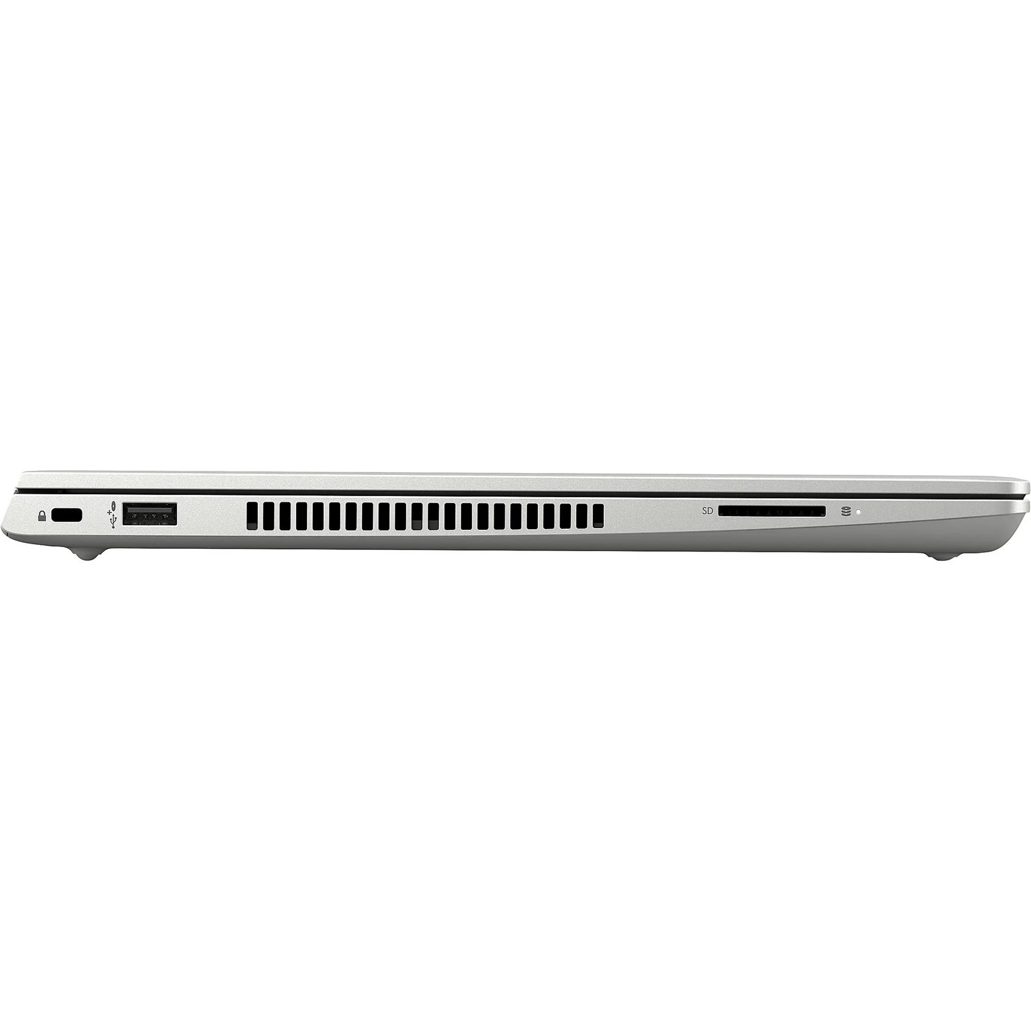 Seitenansicht eines silbernen Laptops mit Anschlüssen. Weißer Hintergrund.