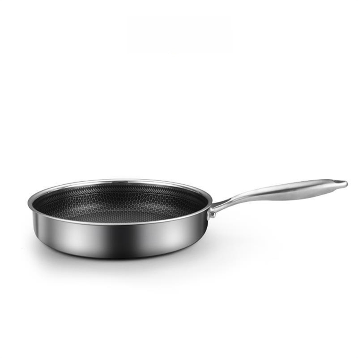 Edelstahl-Bratpfanne mit wabenförmigem Boden. Weißer Hintergrund.