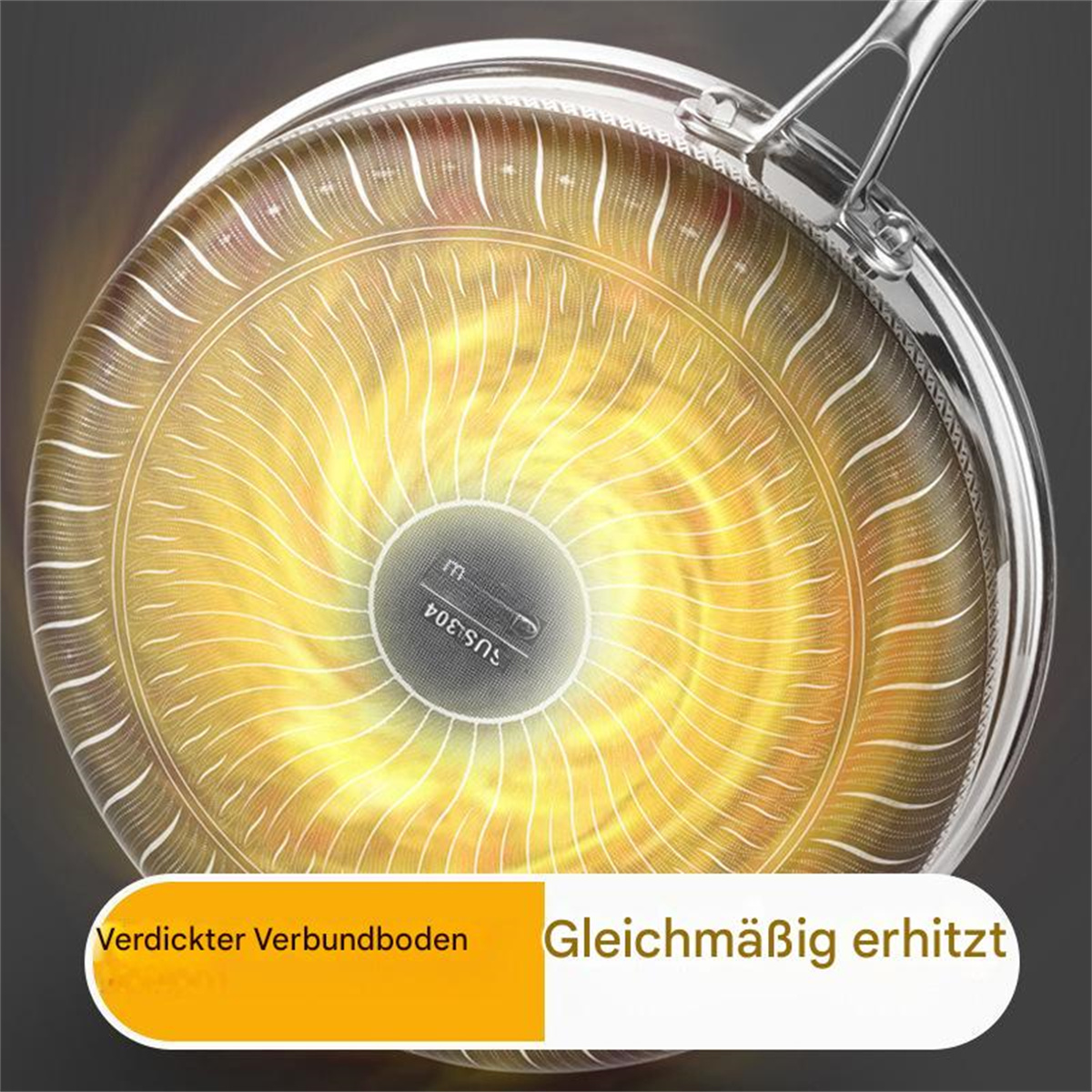 Bodenansicht einer Bratpfanne. Die Pfanne hat einen glänzenden Metallsockel. Heizelement sichtbar.