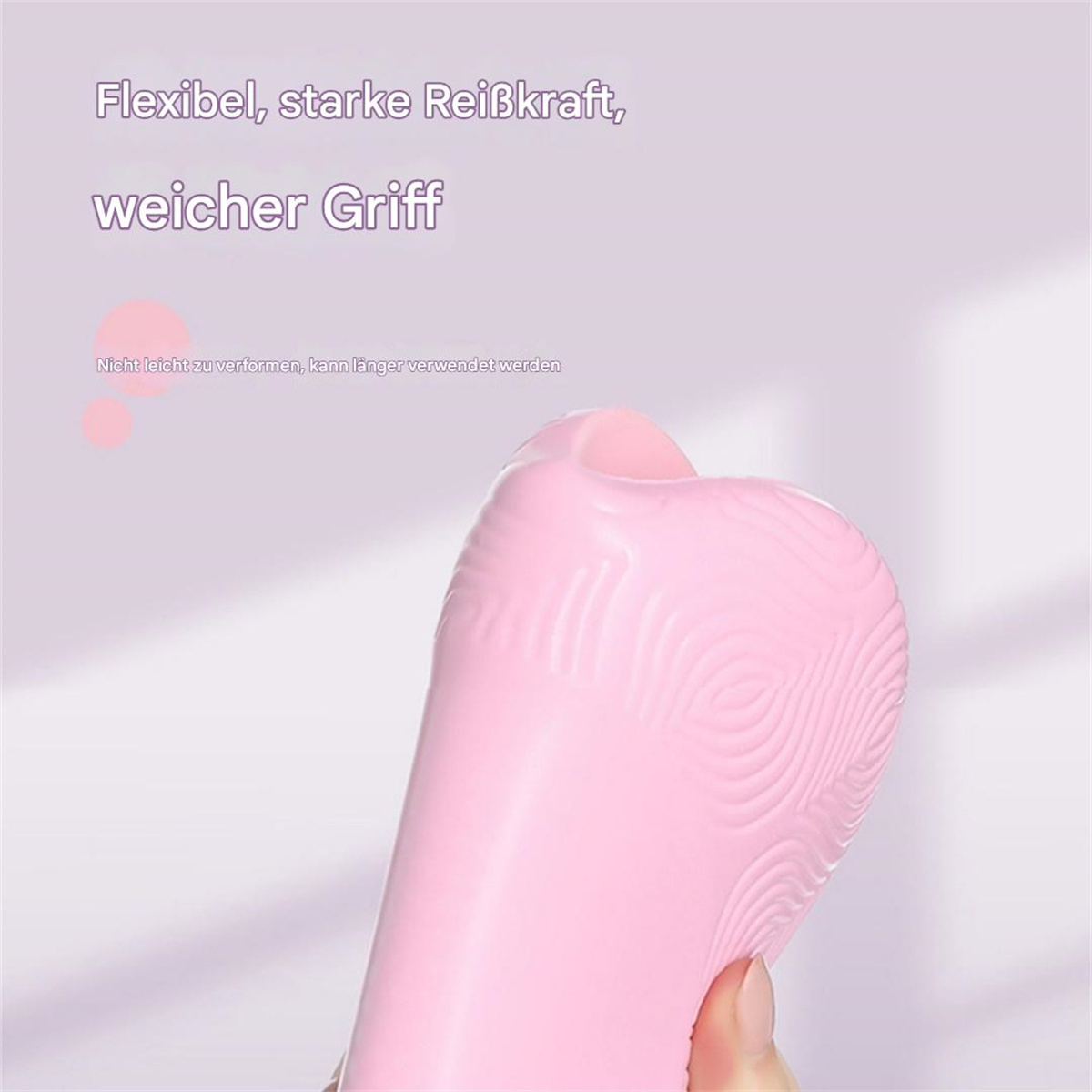 Nahaufnahme einer rosa, strukturierten Fußstütze mit Text: Flexibel, hohe Reißfestigkeit, weicher Griff.