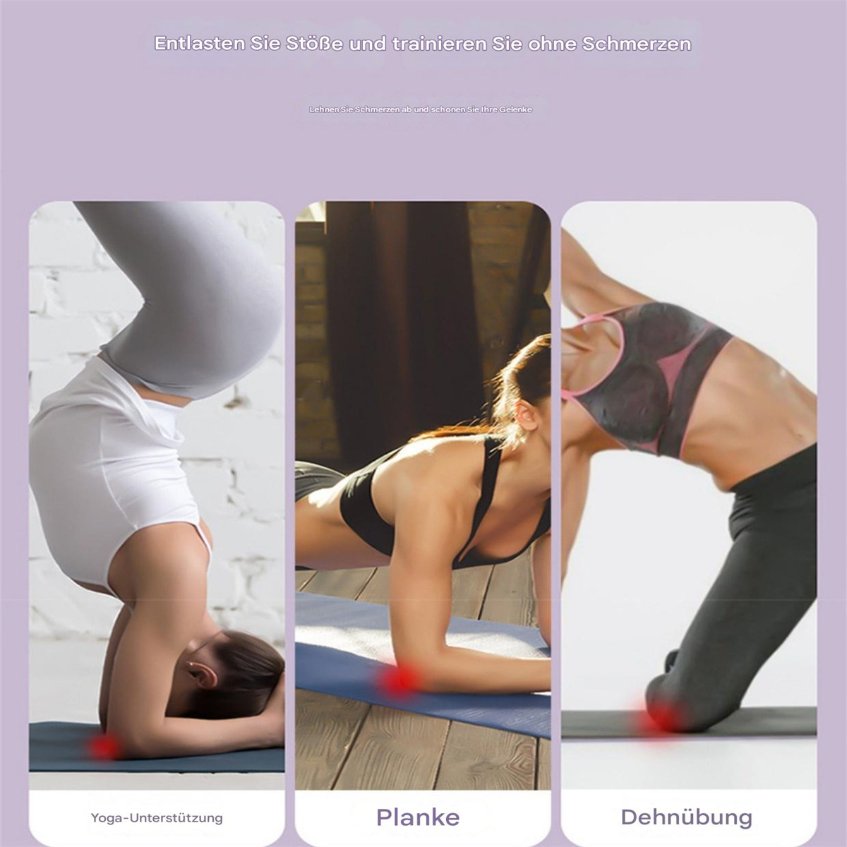 Drei Bilder von Menschen, die Yoga-Posen machen. Rote Kreise markieren potenzielle Schmerzbereiche.