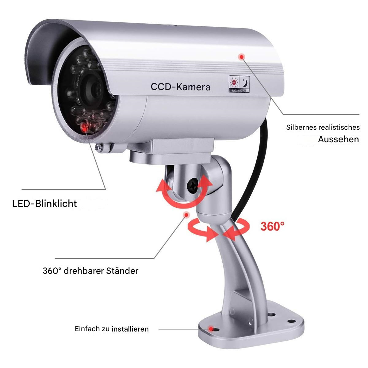 Silberne Überwachungskamera. Merkmale sind rote LEDs, 360°-Ständer und CCD-Kamera-Etikett.
