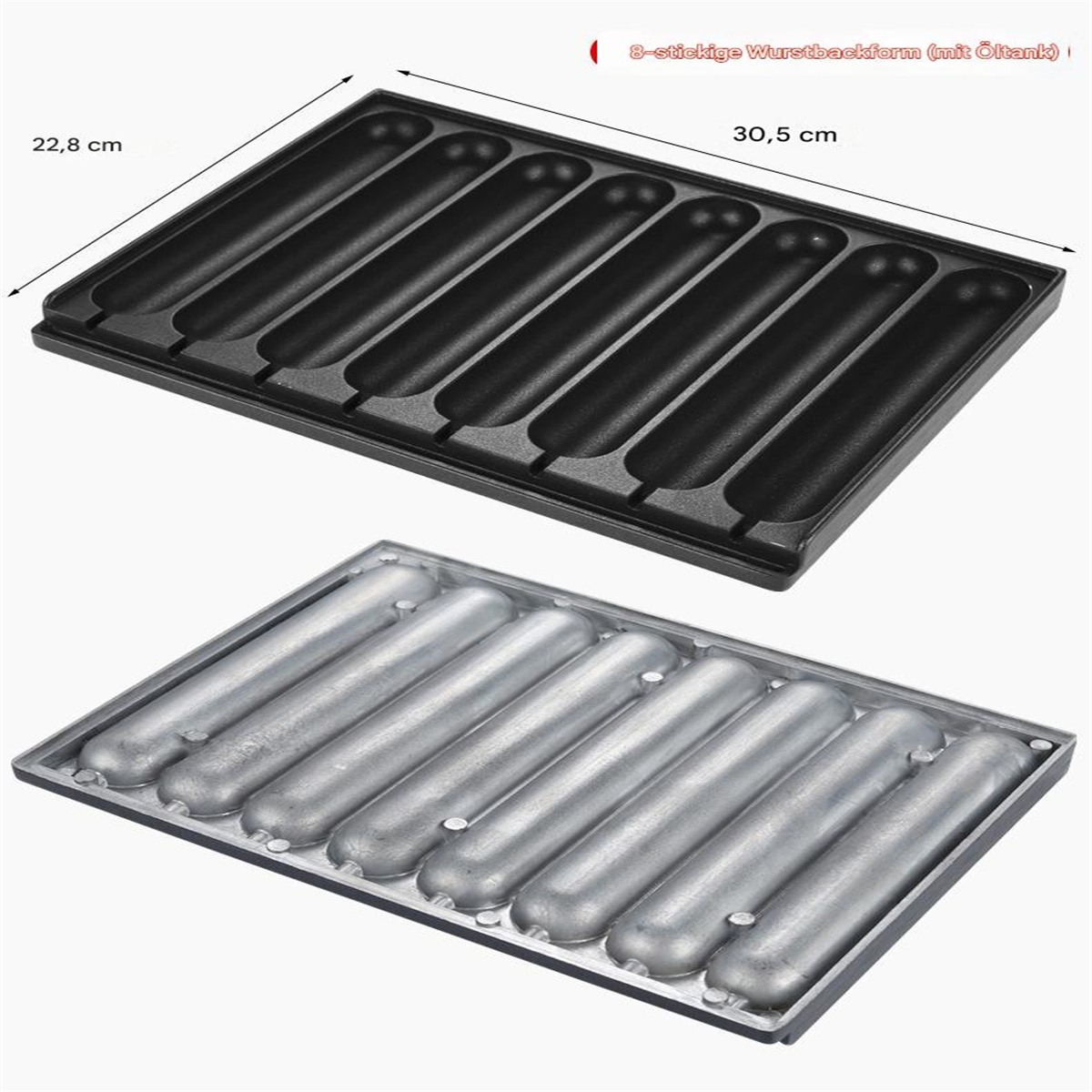 Zwei Metall-Hotdog-Backformen. Eine ist schwarz, die andere silberfarben. Beide enthalten Schlitze.