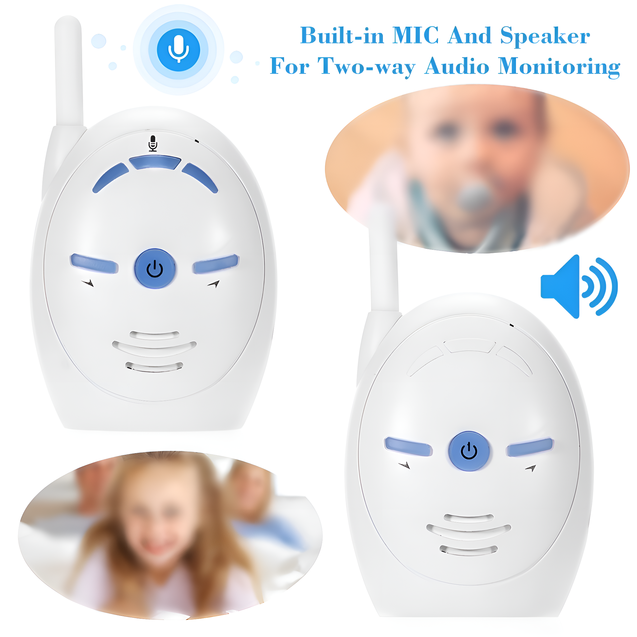 Zwei weiße Babyphones mit Baby und Kind im Hintergrund.
