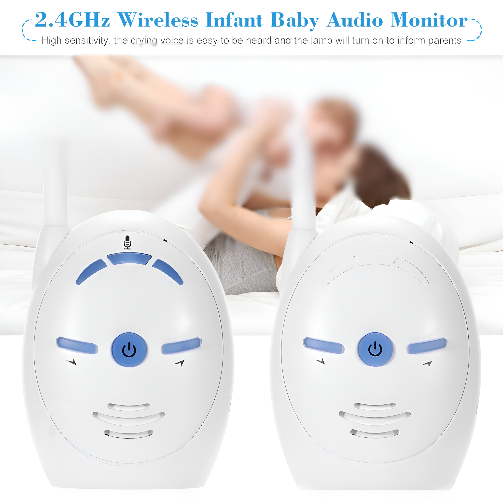 Zwei weiße Babyphone mit blauen Knöpfen. Der Text oben lautet 2,4 GHz drahtloser Audio-Monitor.