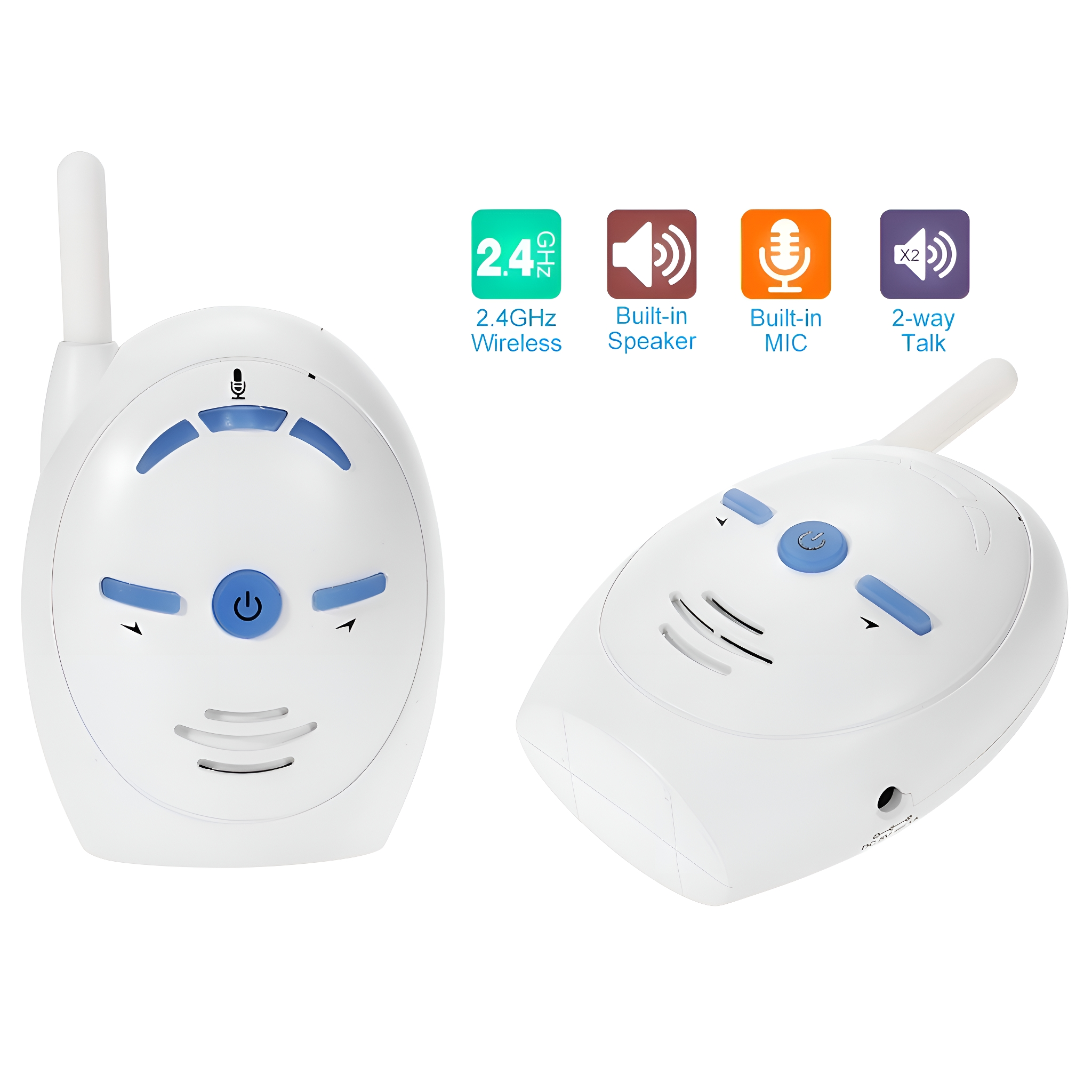 Zwei weiße Babyphone mit Antennen und Funktionssymbolen.