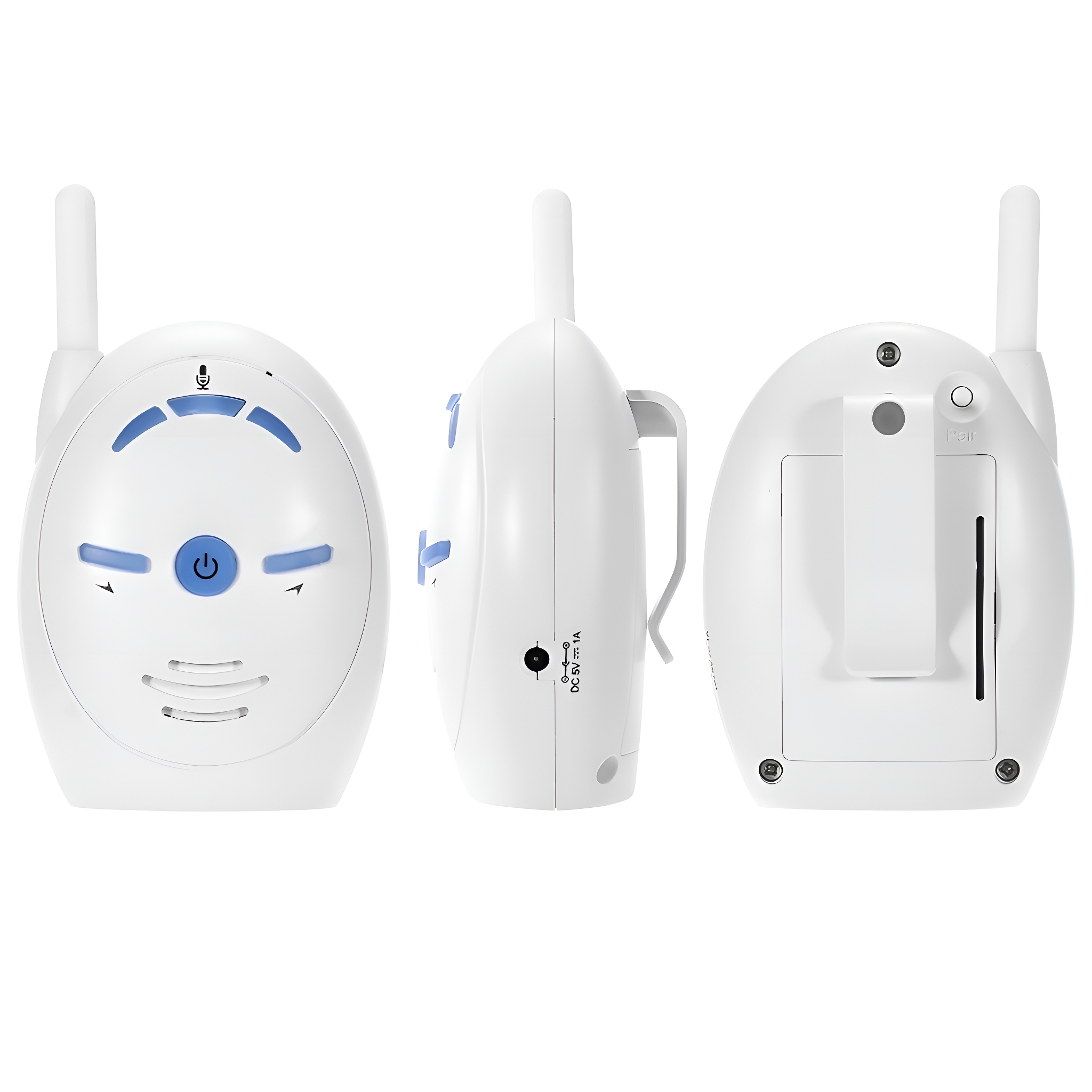 Drei Ansichten eines weißen Babyphone-Geräts. Vorder-, Seiten- und Rückansicht.