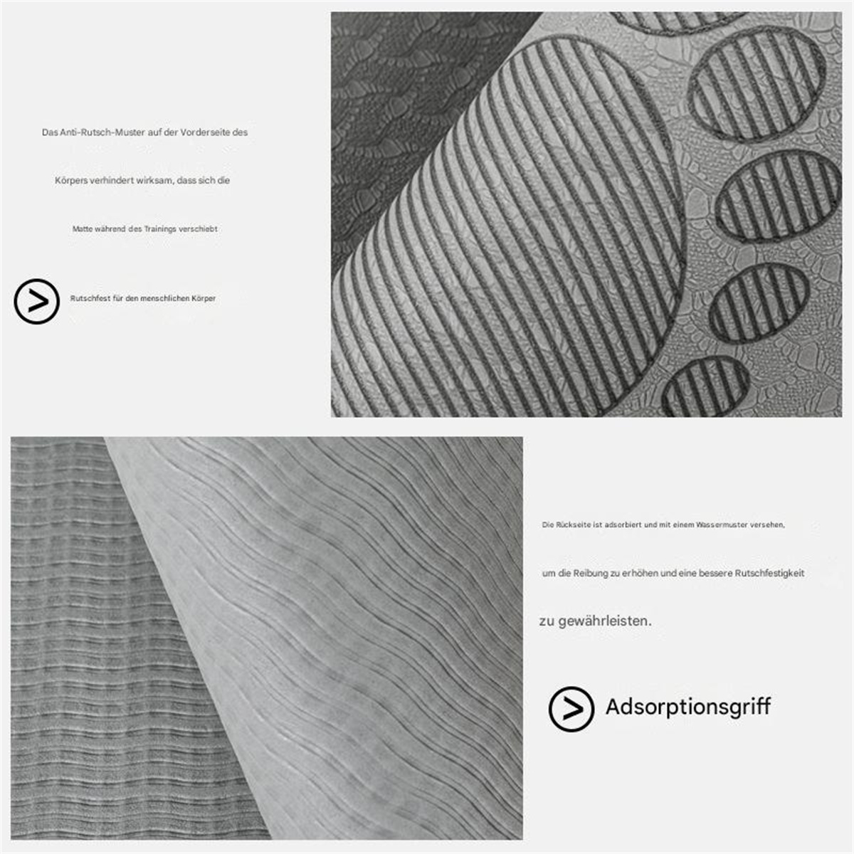 Nahaufnahme einer grauen Yogamatte mit rutschfester Textur. Die Rückseite ist strukturiert und mit 'Adsorptionsgriff' beschriftet.