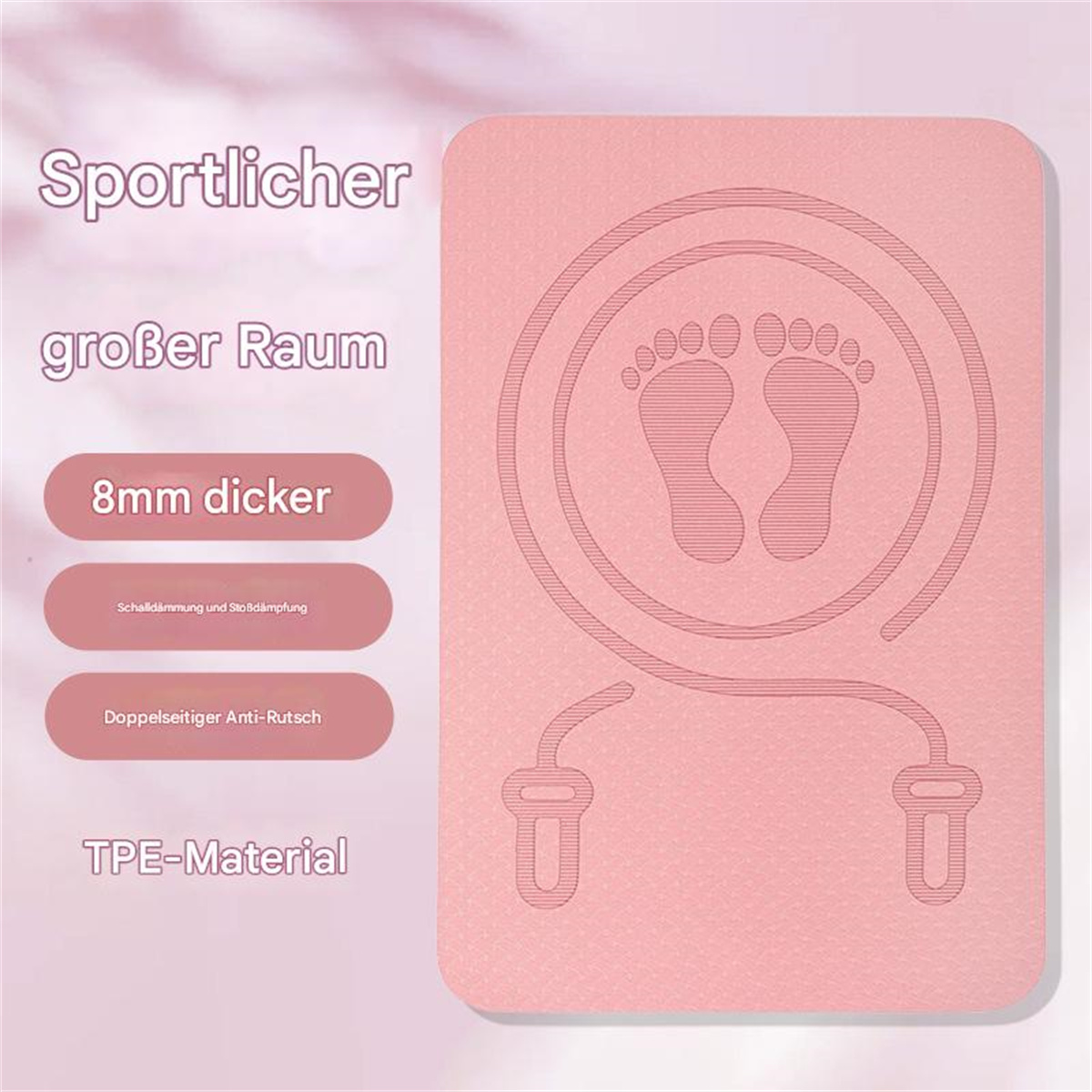 Rosa Yogamatte mit Fußabdrücken und Griffen für ein Springseil, auf weißem Hintergrund.
