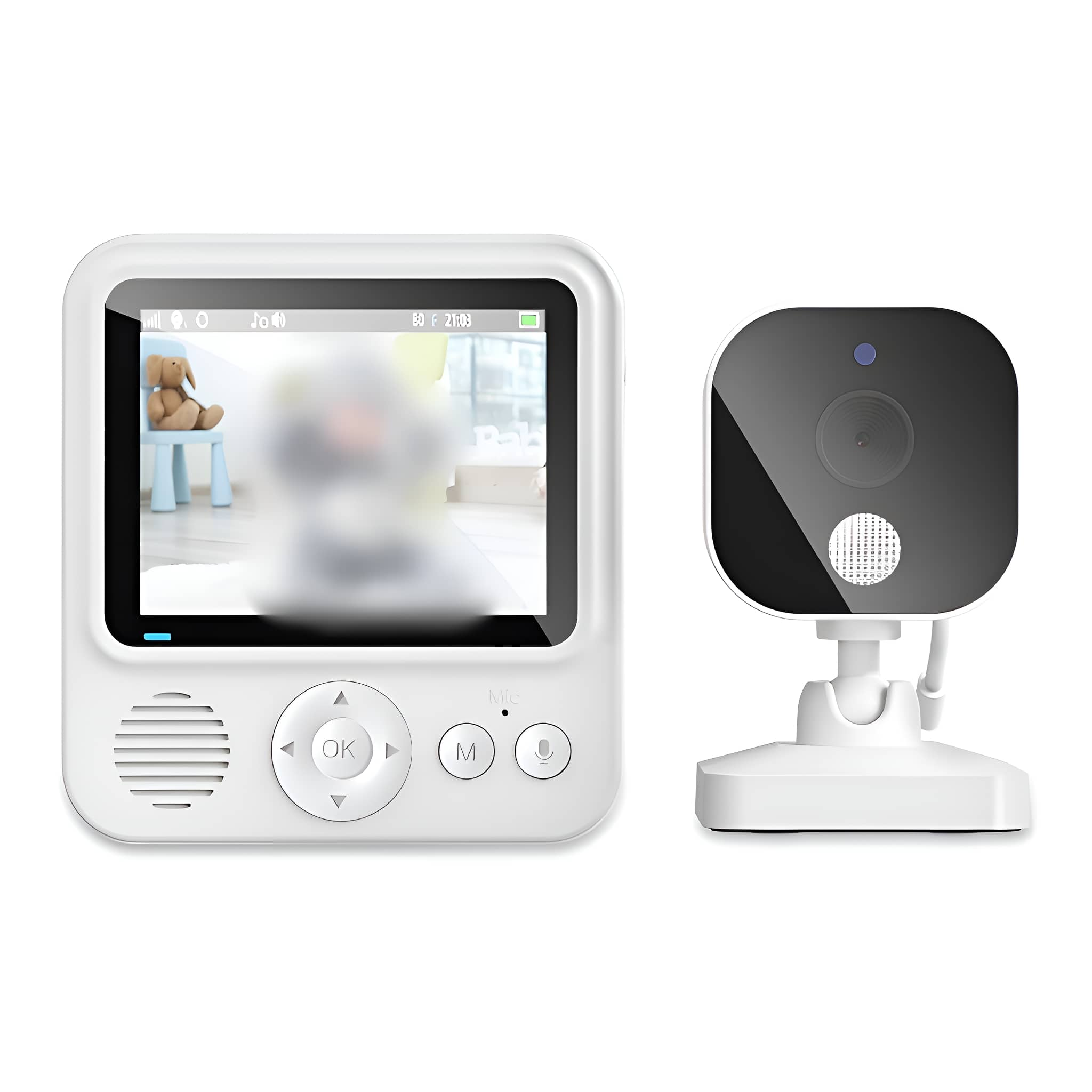 Weißer Babyphone mit Bildschirm, der ein verschwommenes Bild anzeigt, und eine Kamera.
