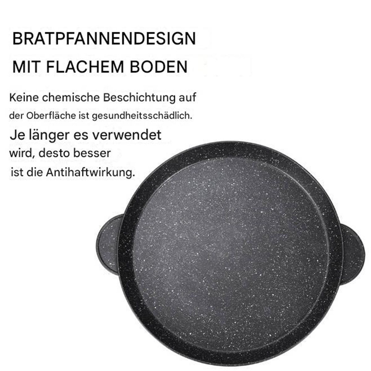Eine runde, schwarze Bratpfanne mit zwei Griffen, Text darüber.
