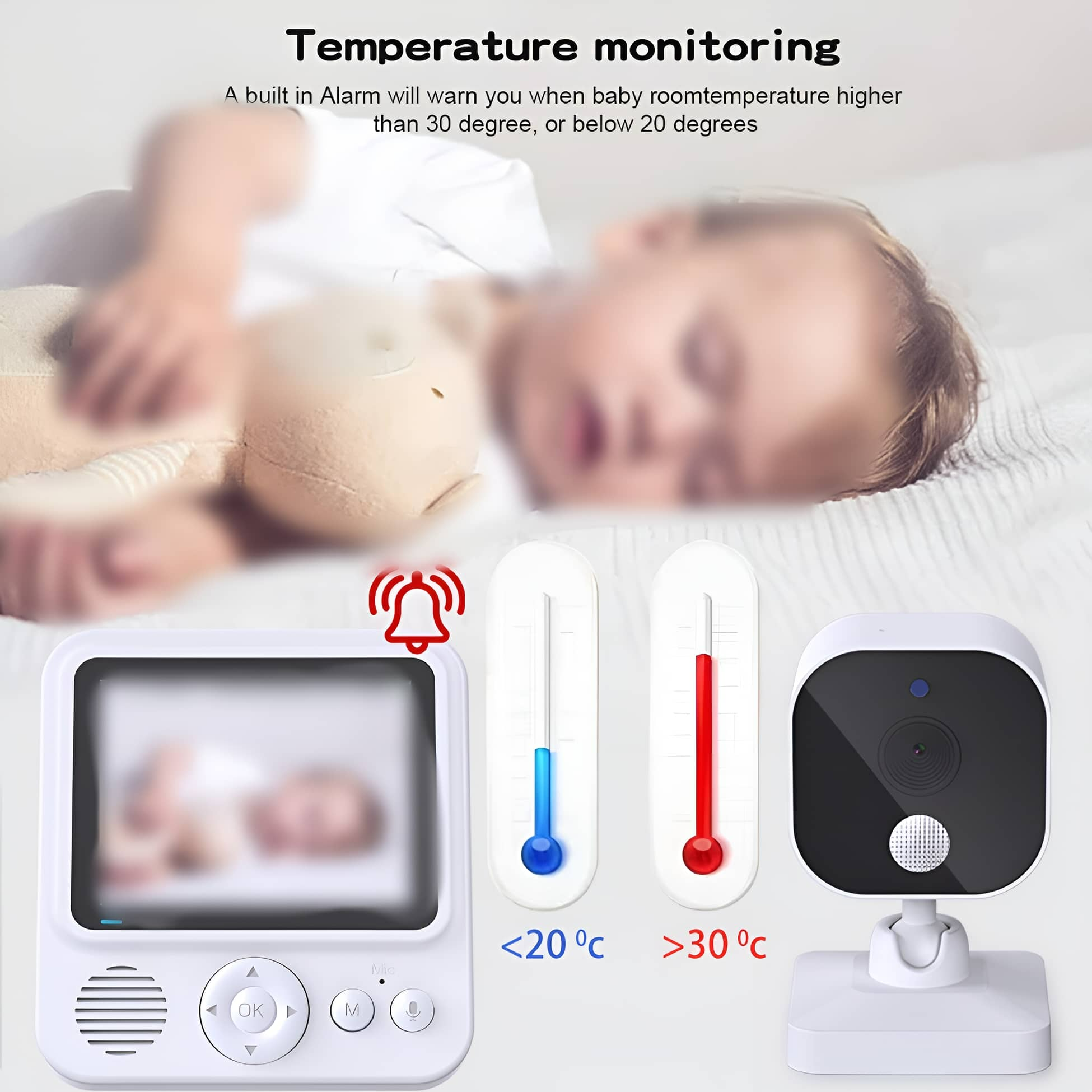 Babyphone mit schlafendem Baby. Bildschirm mit Baby, zwei Thermometern und einer Kamera.