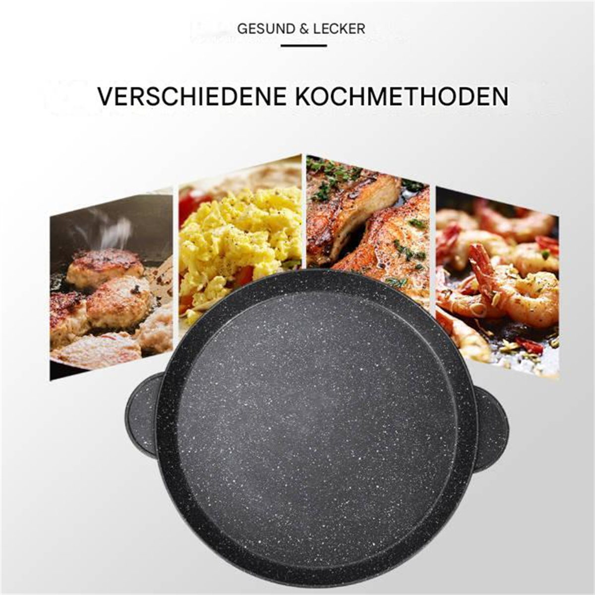 Eine Bratpfanne mit verschiedenen Bildern von gekochtem Essen im Hintergrund; Eier, Garnelen und Steak.