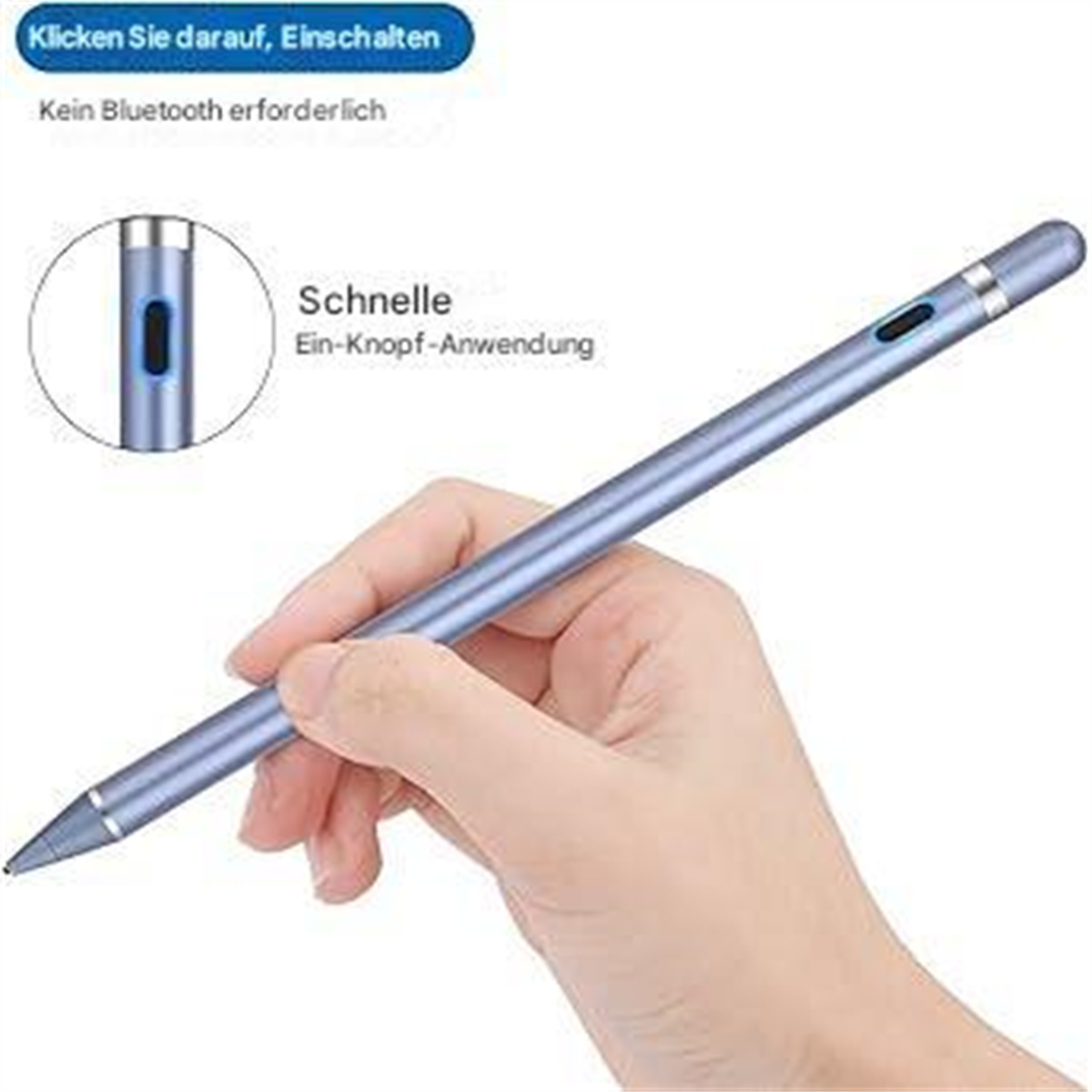 Ein blauer Stift mit silberner Taste. Eine Hand hält den Stift. Text auf der Box: Schnell.