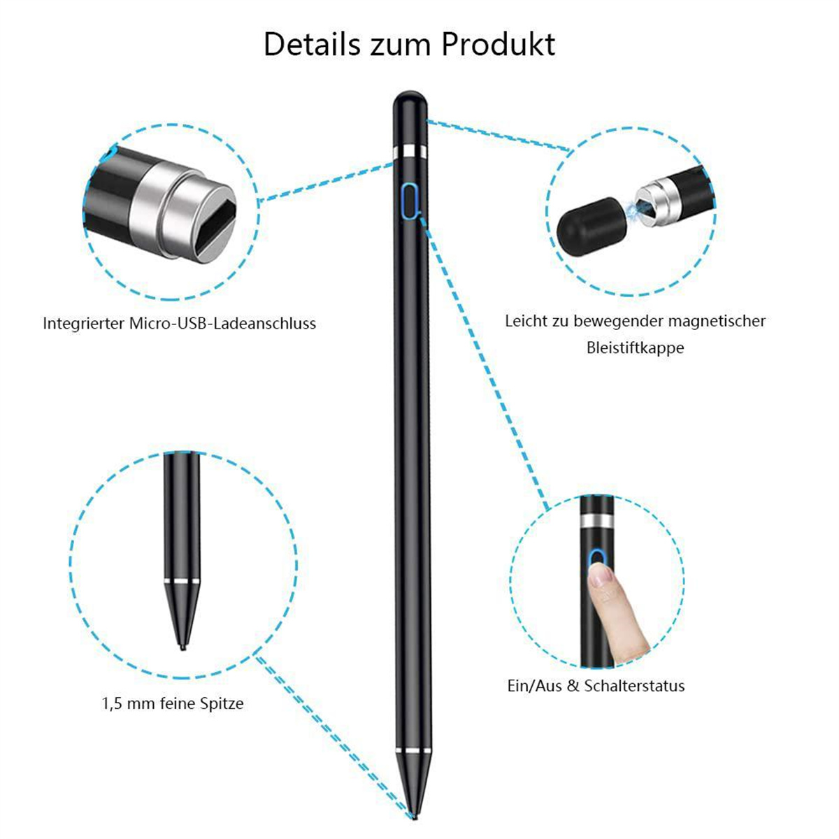 Ein schwarzer Stylus-Stift mit silberner Spitze. Details umfassen USB-Ladeanschluss und Magnetkappe.
