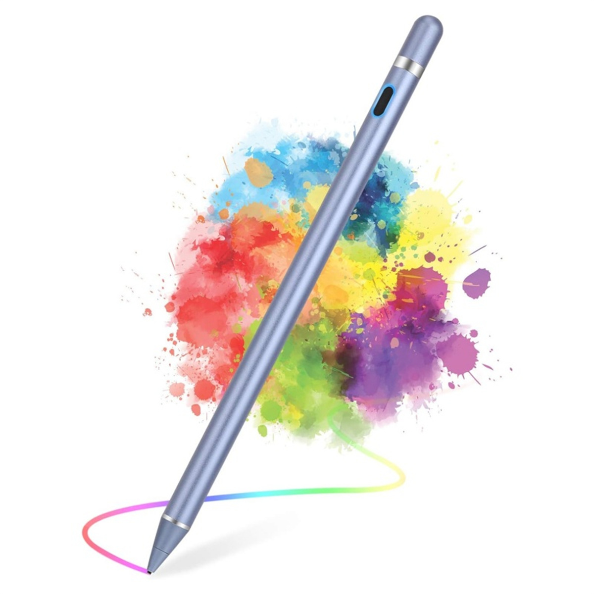 Ein blauer Stift mit farbenfrohem Farbspritzer-Hintergrund, der eine Regenbogenlinie zeichnet.