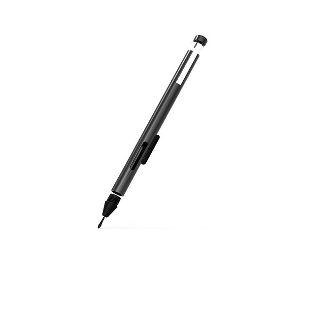 Eingabestift mit schwarzem Gehäuse und Clip, isoliert auf weißer Oberfläche, Winkelansicht.