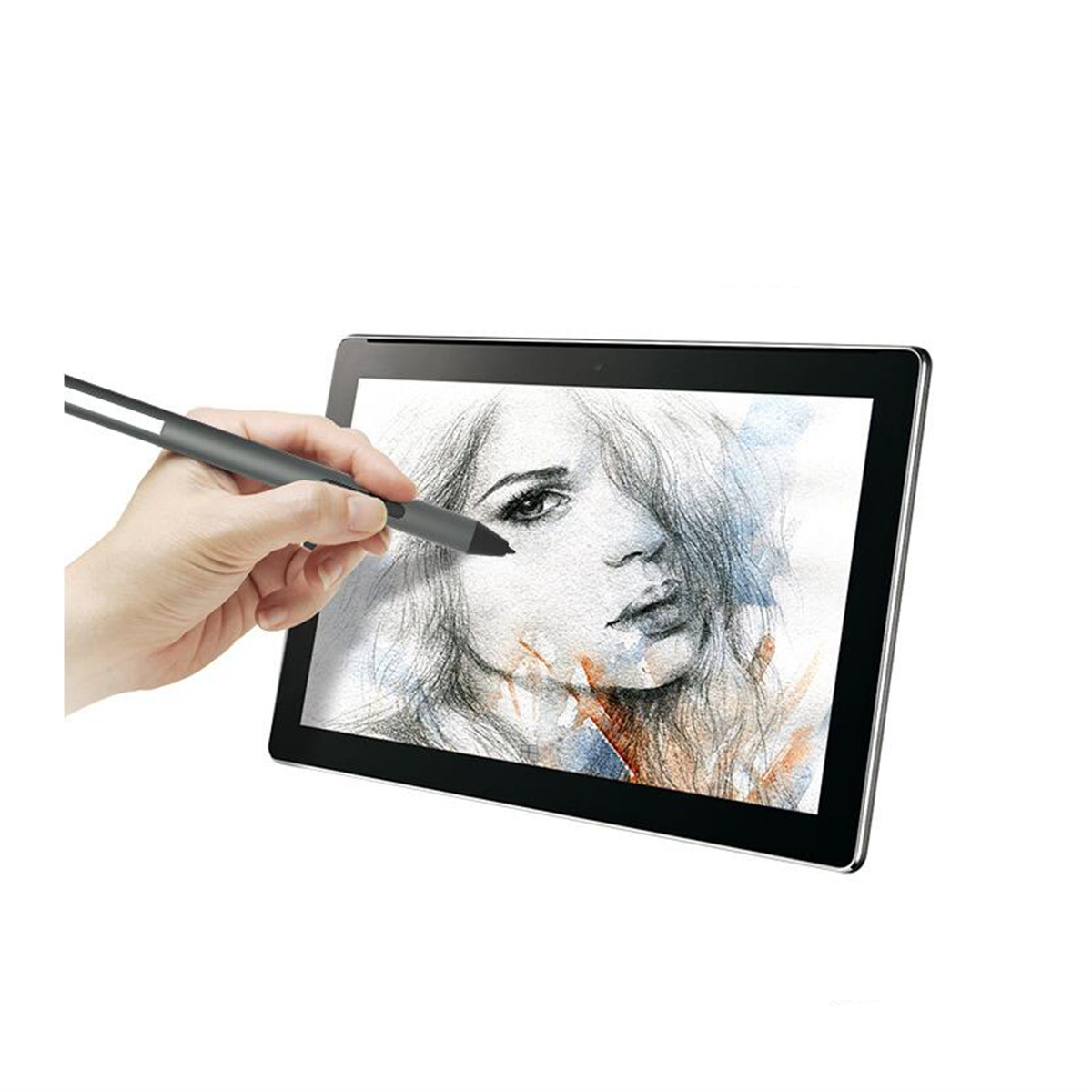 Eine Hand, die einen Stift hält und auf einem Tablet zeichnet, das das skizzierte Gesicht einer Frau zeigt.