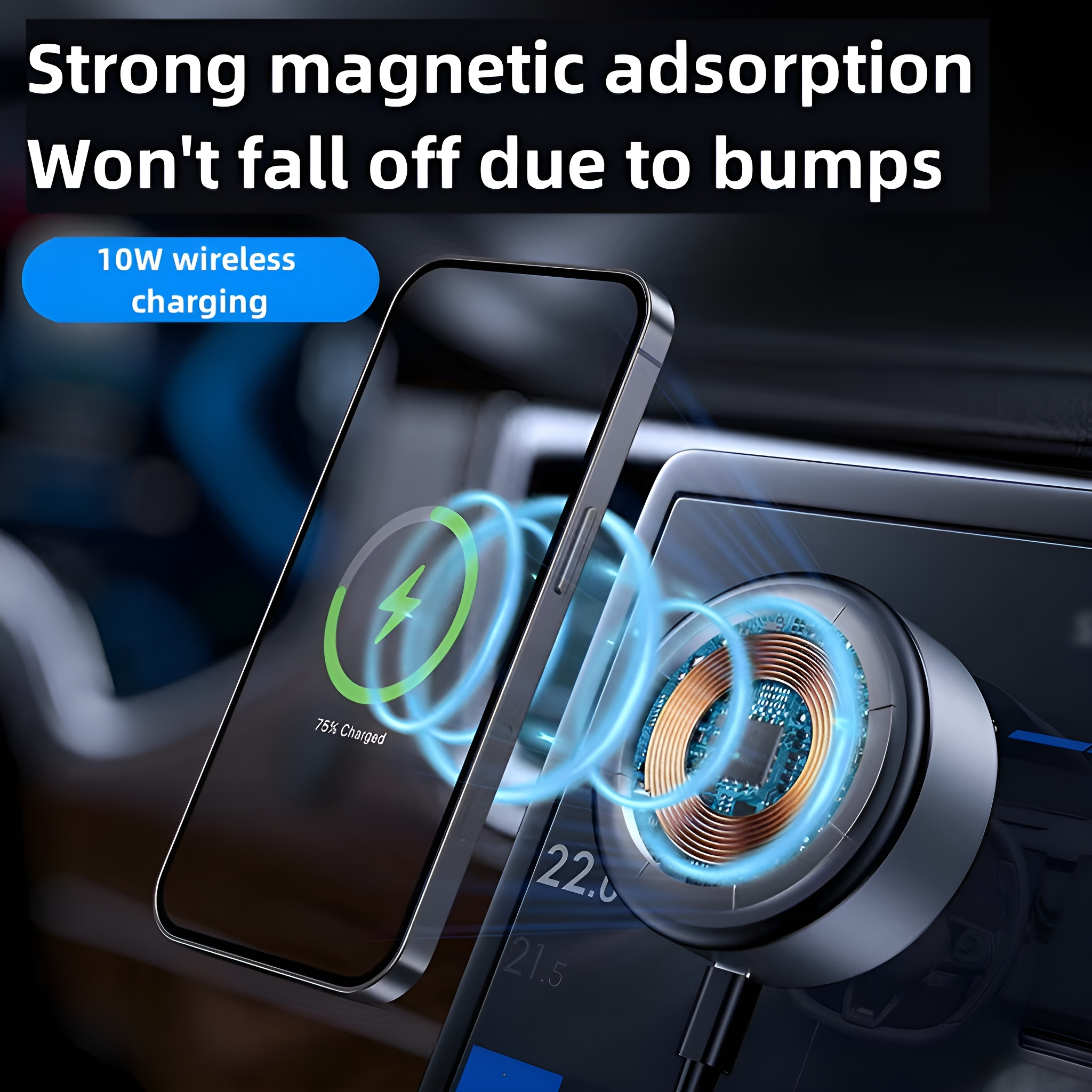 Ein Telefon wird drahtlos auf einem Pad aufgeladen. Das Telefon zeigt ein Ladesymbol. Text: 'Starke magnetische Adsorption'.