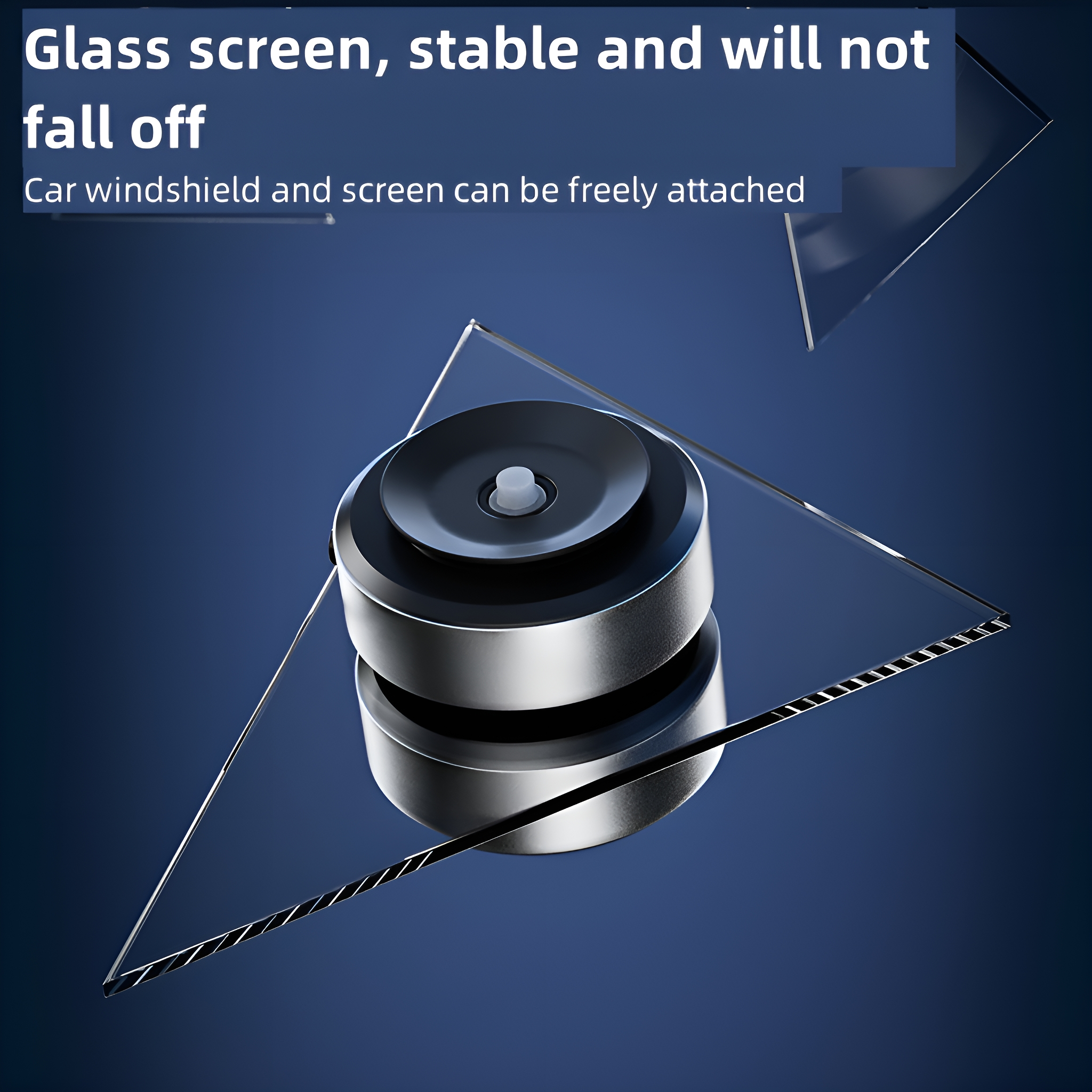 Glasscheibe mit Saugnapfbasis auf blauer Oberfläche. Ein klares, dreieckiges Glas ist vorhanden.