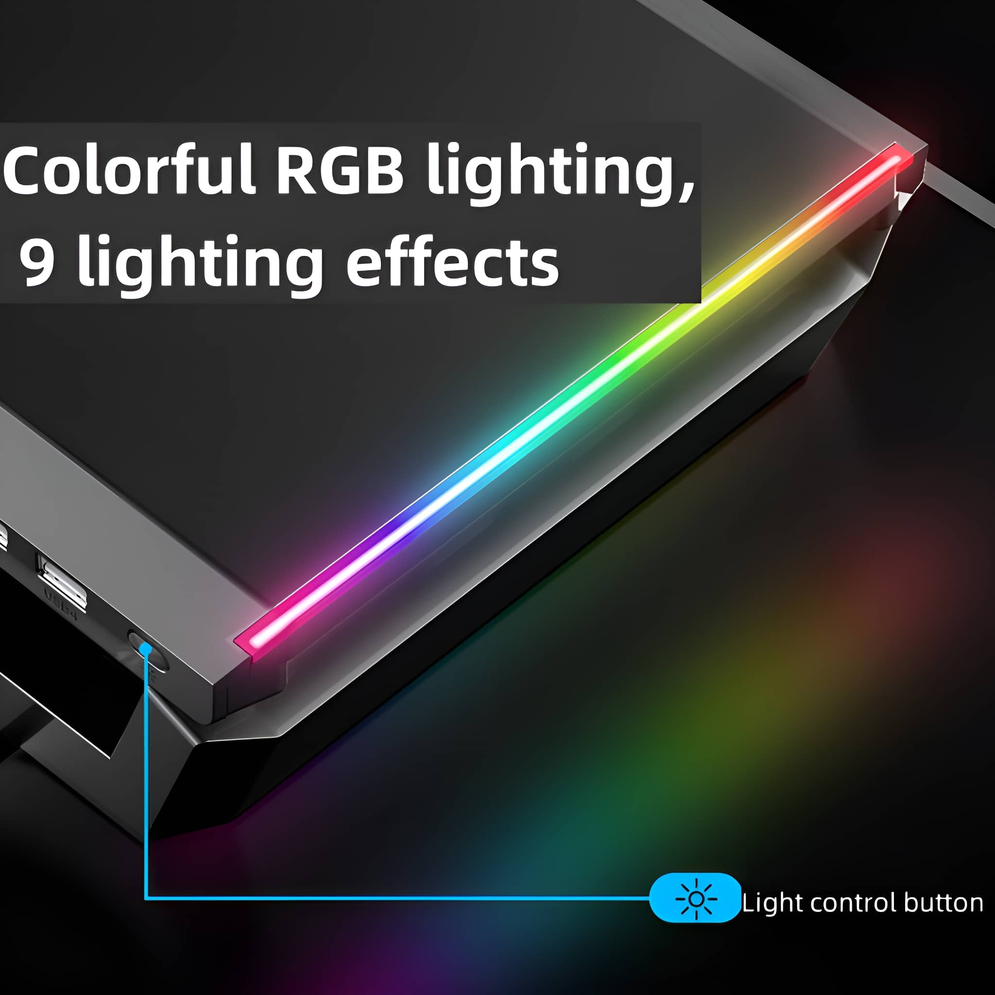 Ein schwarzes Gerät mit farbenfroher RGB-Beleuchtung oben, mit einer Lichtsteuertaste.