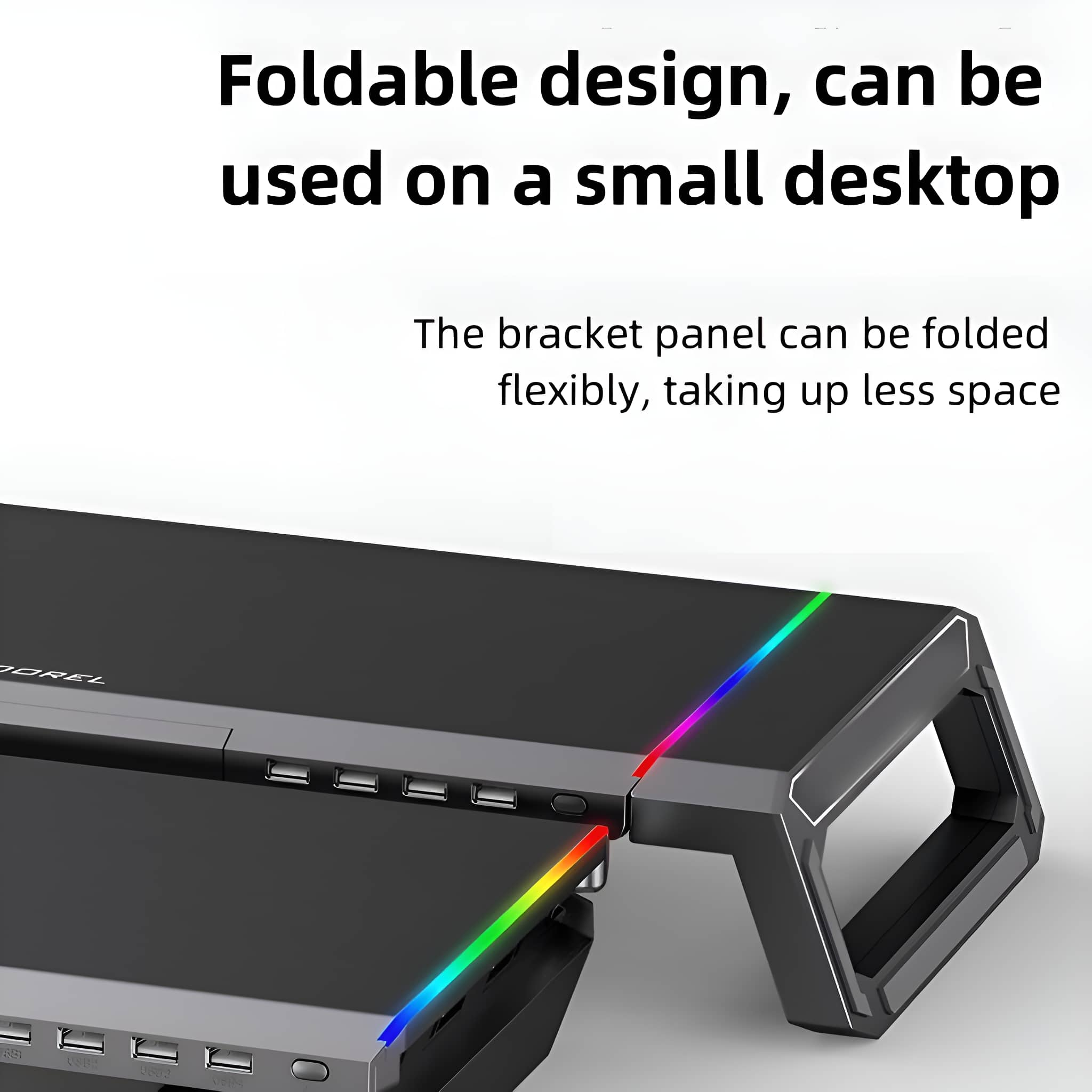 Schwarzer, faltbarer Laptopständer mit RGB-Beleuchtung und USB-Anschlüssen.