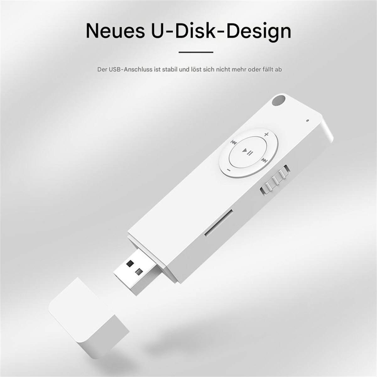 Weißer USB-MP3-Player mit Knöpfen, USB-Anschluss und separater Kappe.