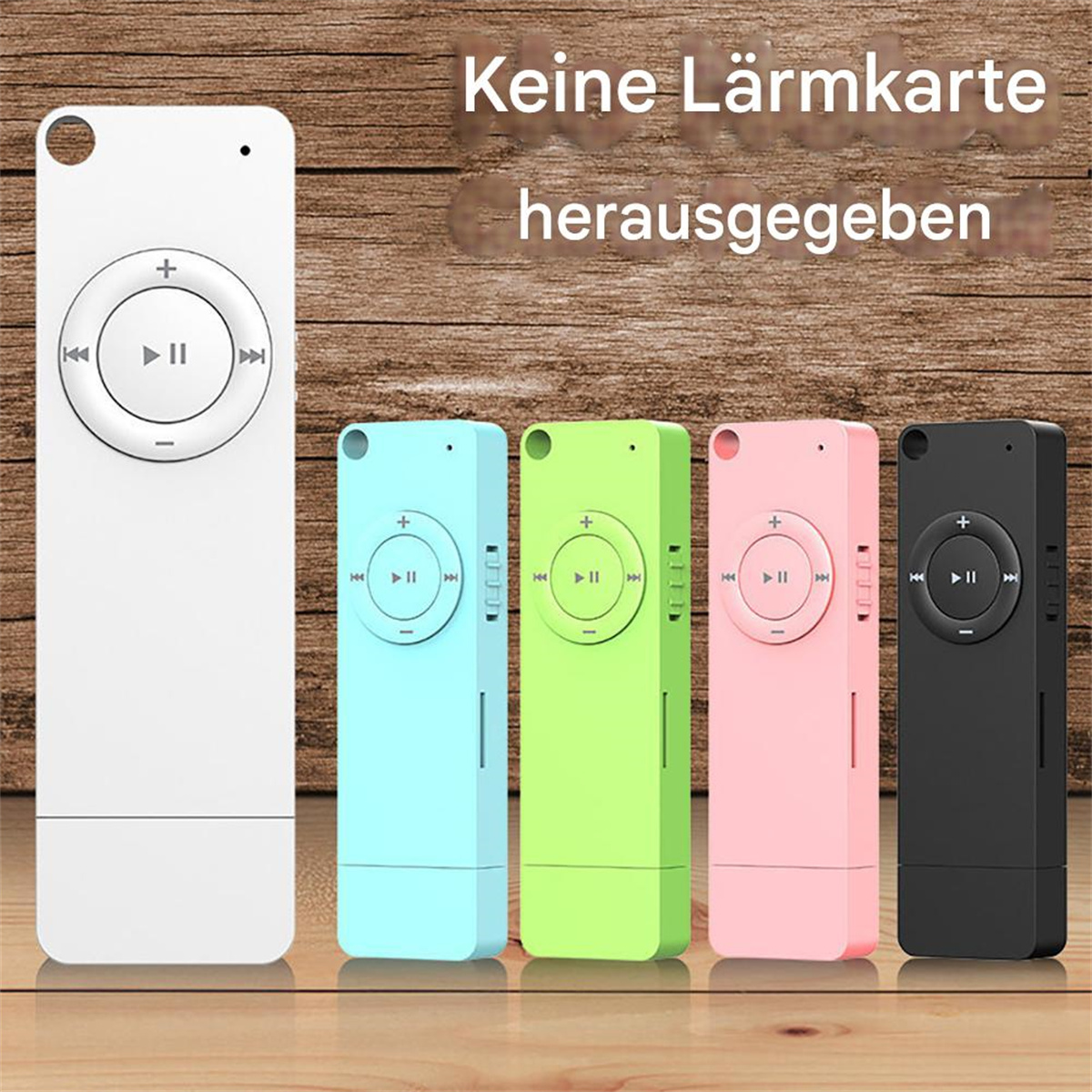 Eine Reihe bunter Fernbedienungen auf Holzoberfläche, mit Text.
