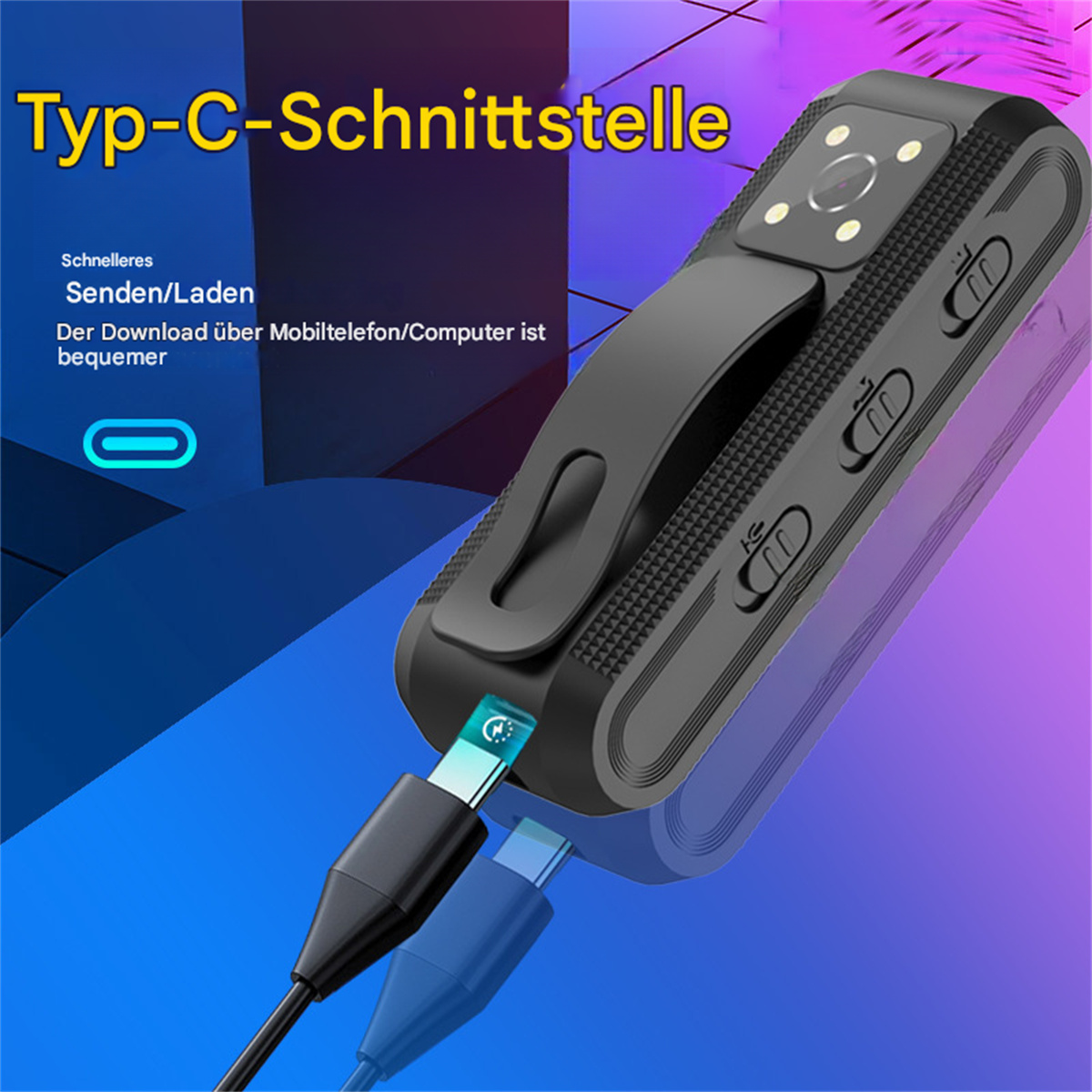 Schwarzes Clip-on-Gerät mit Ladekabel. Text: 'Typ-C-Schnittstelle' und 'Senden/Laden'.