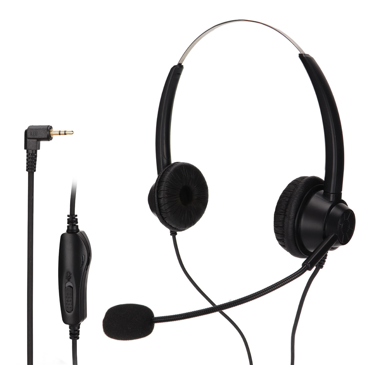 Ein schwarzes Headset mit zwei Ohrmuscheln und einem Mikrofon sowie einem Kabel.