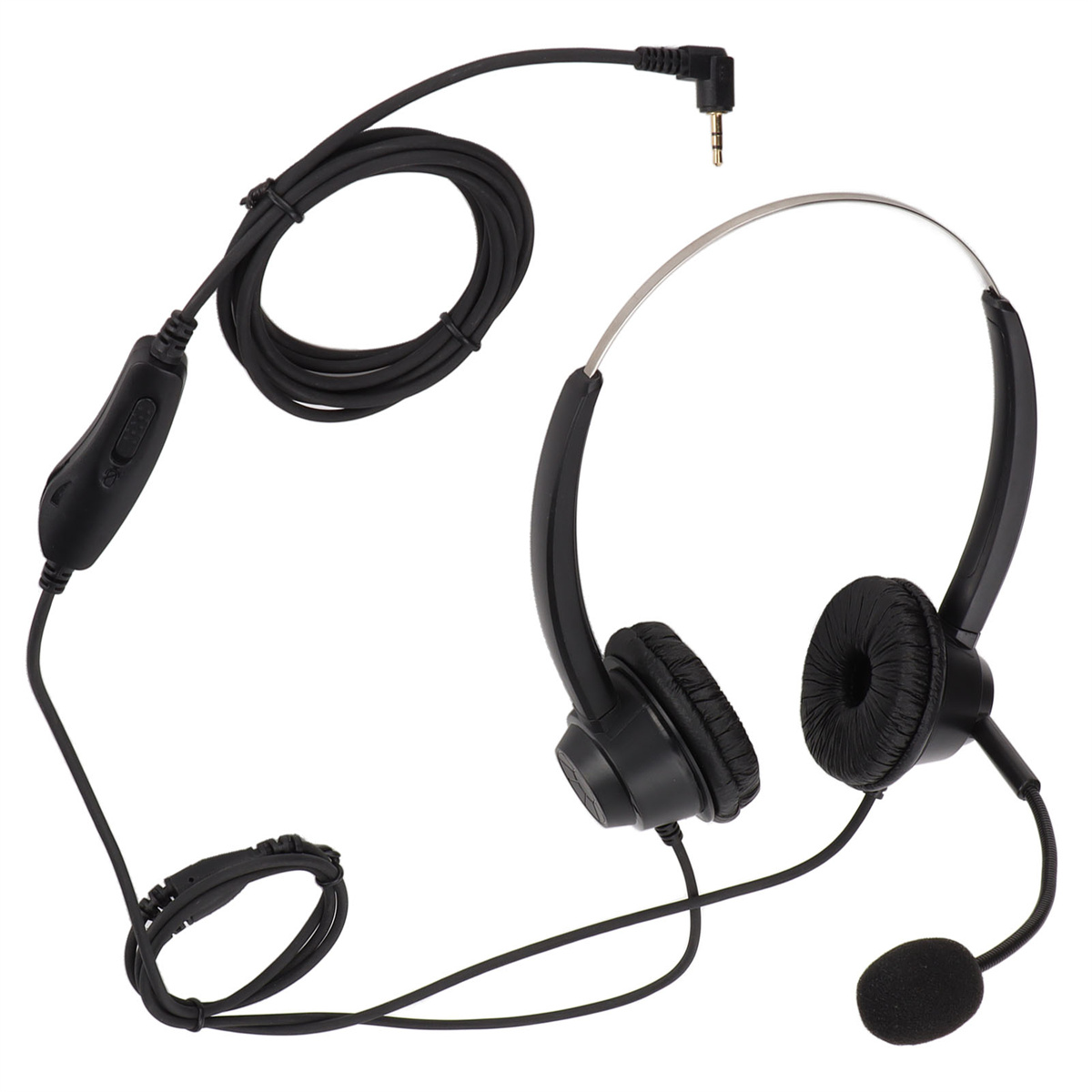Schwarzes Headset mit Mikrofon und Bedienelementen, mit schwarzem Kabel und Stecker.