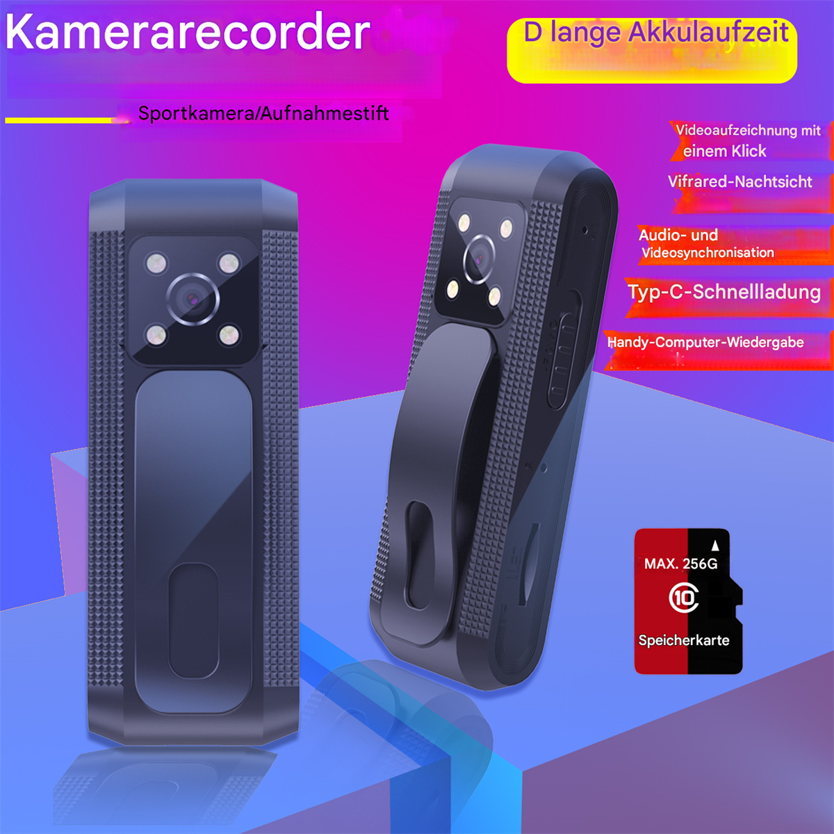 Schwarzer Kamerarecorder mit zwei Ansichten, Funktionen und einer Speicherkarte, auf weißem Hintergrund.