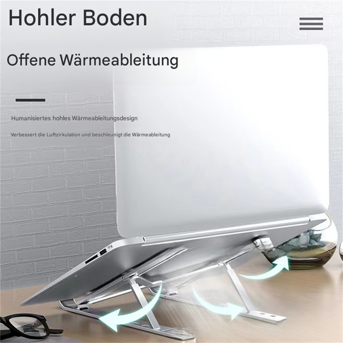 Ein Laptop auf einem Ständer mit Pfeilen, die den Luftstrom anzeigen, und Text auf Deutsch.