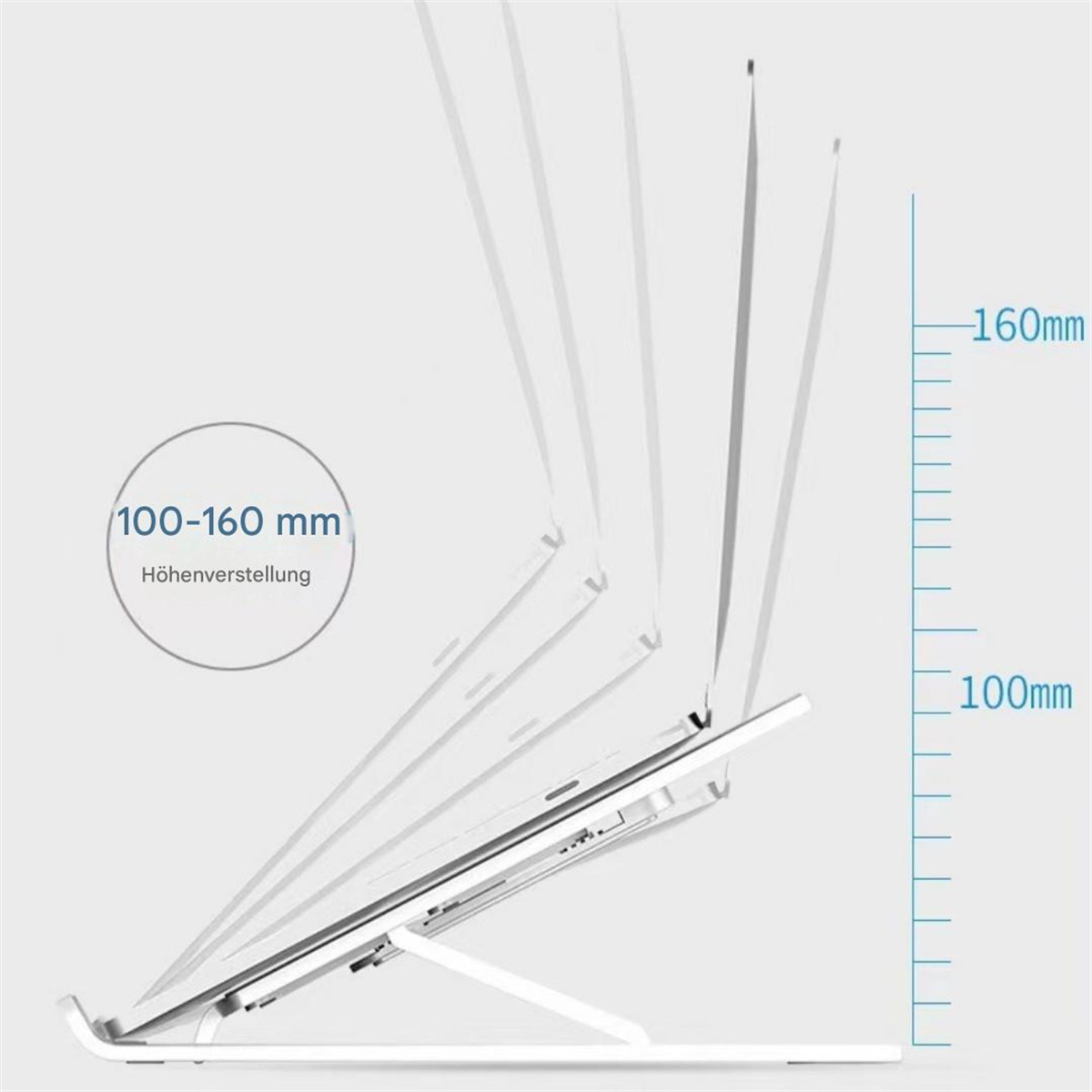 Laptopständer in Seitenansicht, einstellbarer Höhenbereich 100-160 mm. Grafik zeigt Höhe.