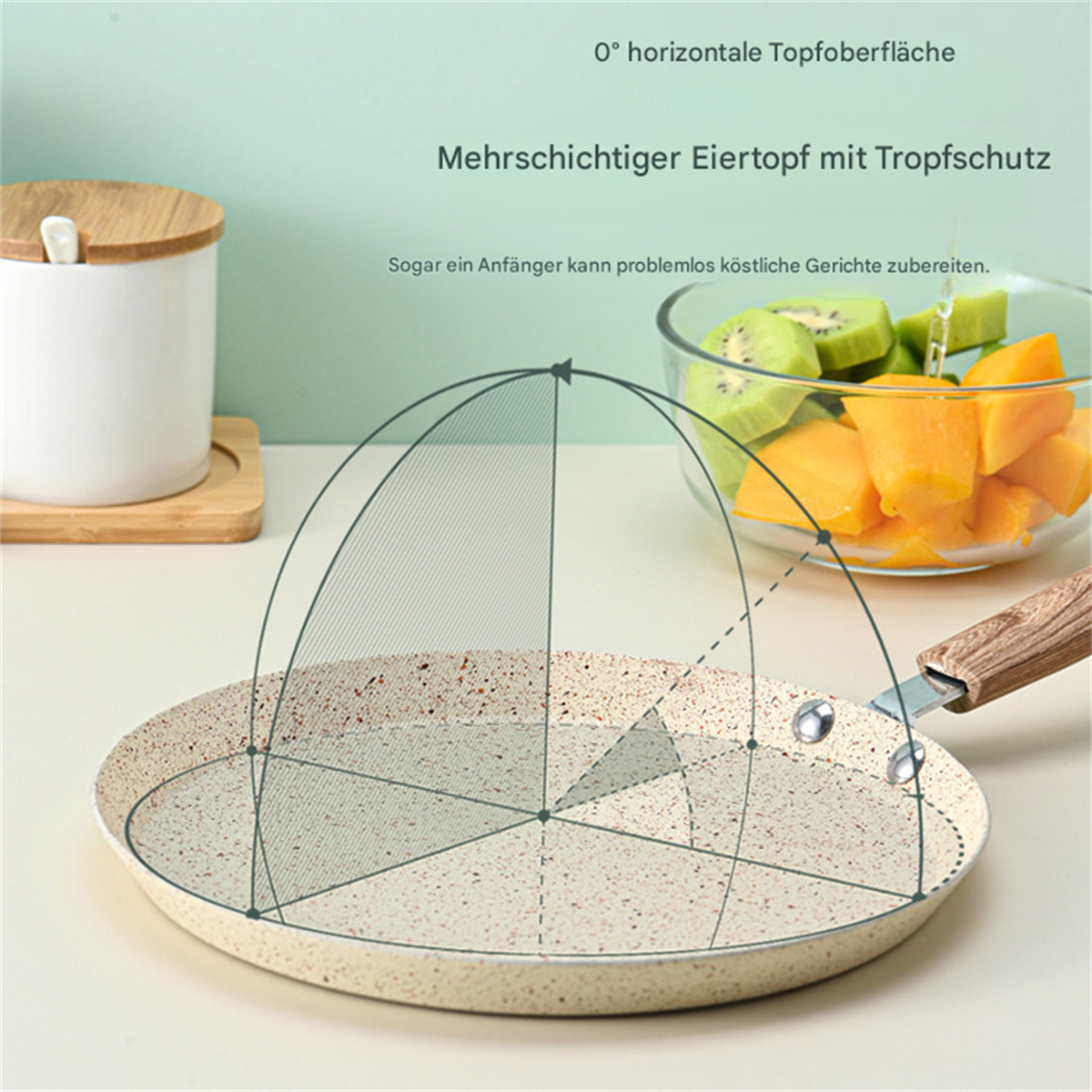 Antihaftpfanne mit Zutaten. Kiwi, Kürbis. Weißer Hintergrund.