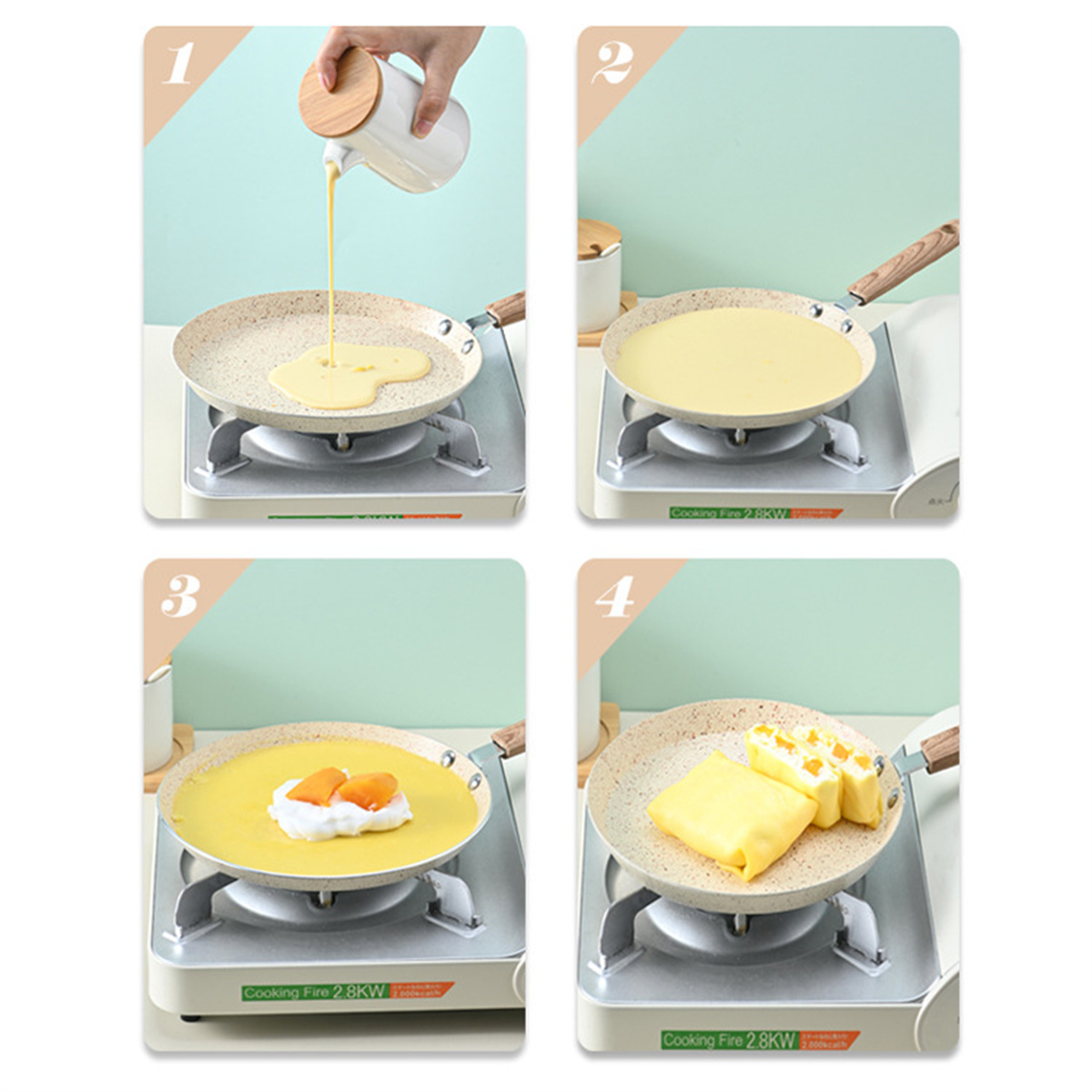 Vier Bilder, die den Herstellungsprozess von Crêpes zeigen. Teig wird gegossen, gekocht und gefüllt. Der fertige Crêpe wird gefaltet.