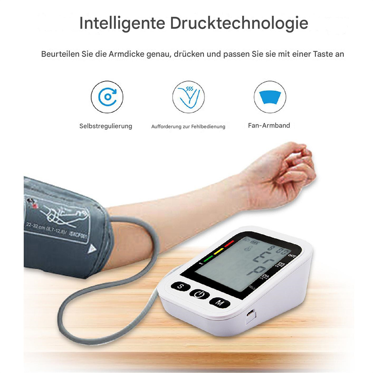 Blutdruckmessgerät mit Manschette, Digitalanzeige und Hand. Weißer Hintergrund. Text: 'Intelligente Drucktechnologie'.