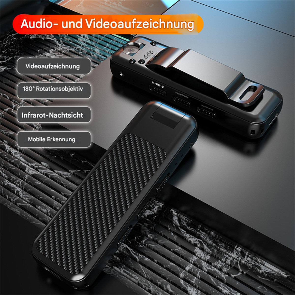 Zwei schwarze Aufnahmegeräte. Funktionen werden in Textfeldern angezeigt. Dunkler Hintergrund.