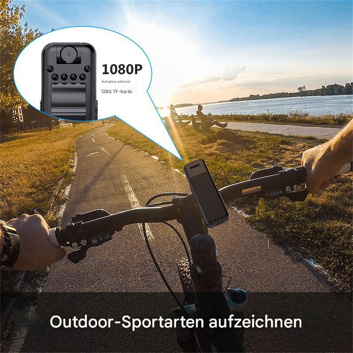 Person fährt Fahrrad mit Kamera am Lenker. Grüne Bäume im Hintergrund.