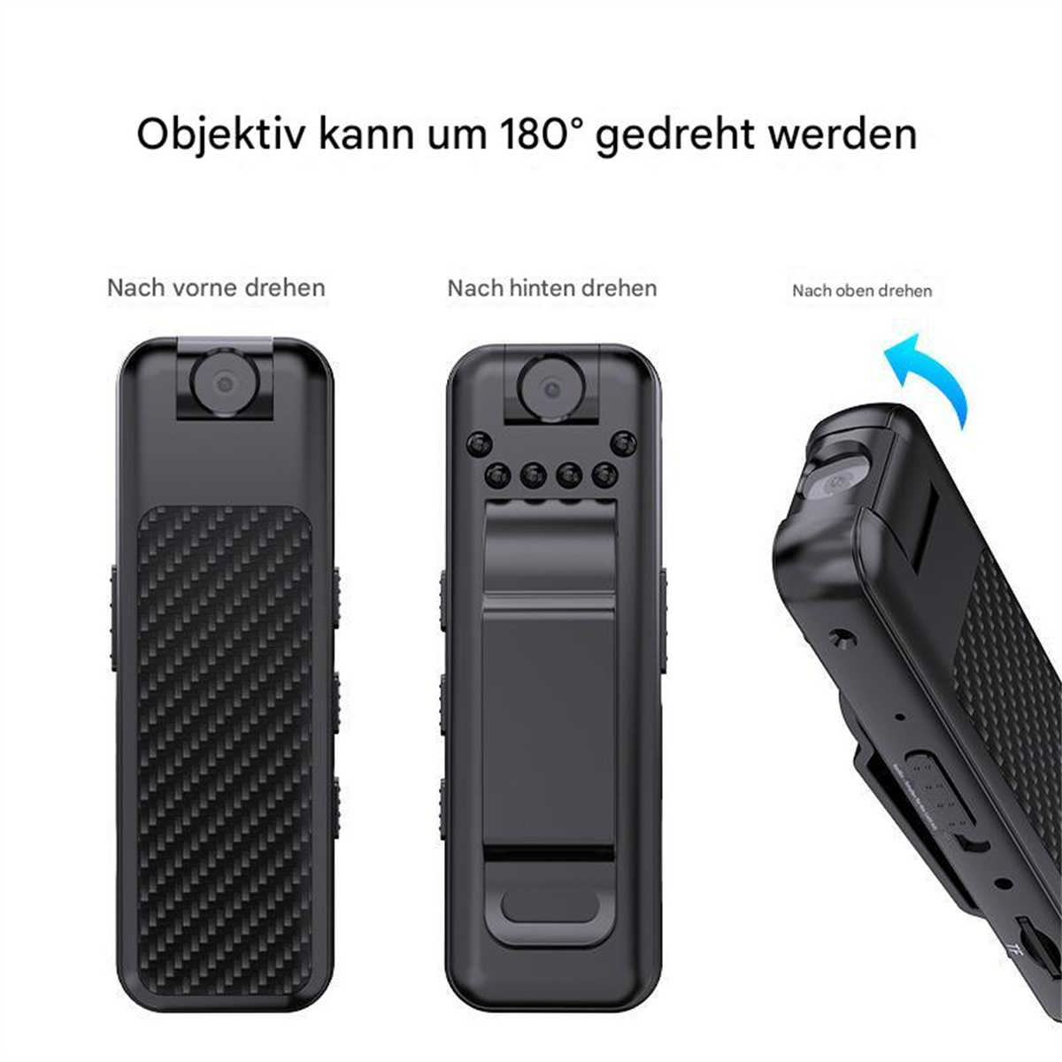 Schwarzes Kameragerät in drei Ausrichtungen. Das Gerät wird von vorne und von der Seite gezeigt.