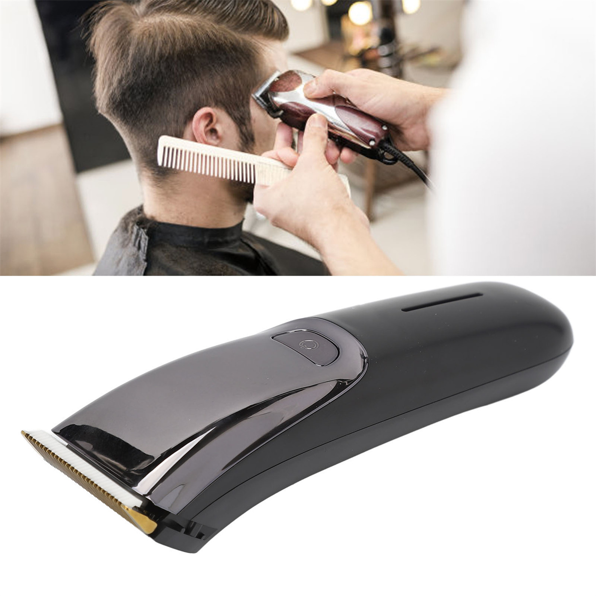 Friseur schneidet die Haare eines Kunden mit einem Haarschneider. Ein Haarschneider wird ebenfalls gezeigt.