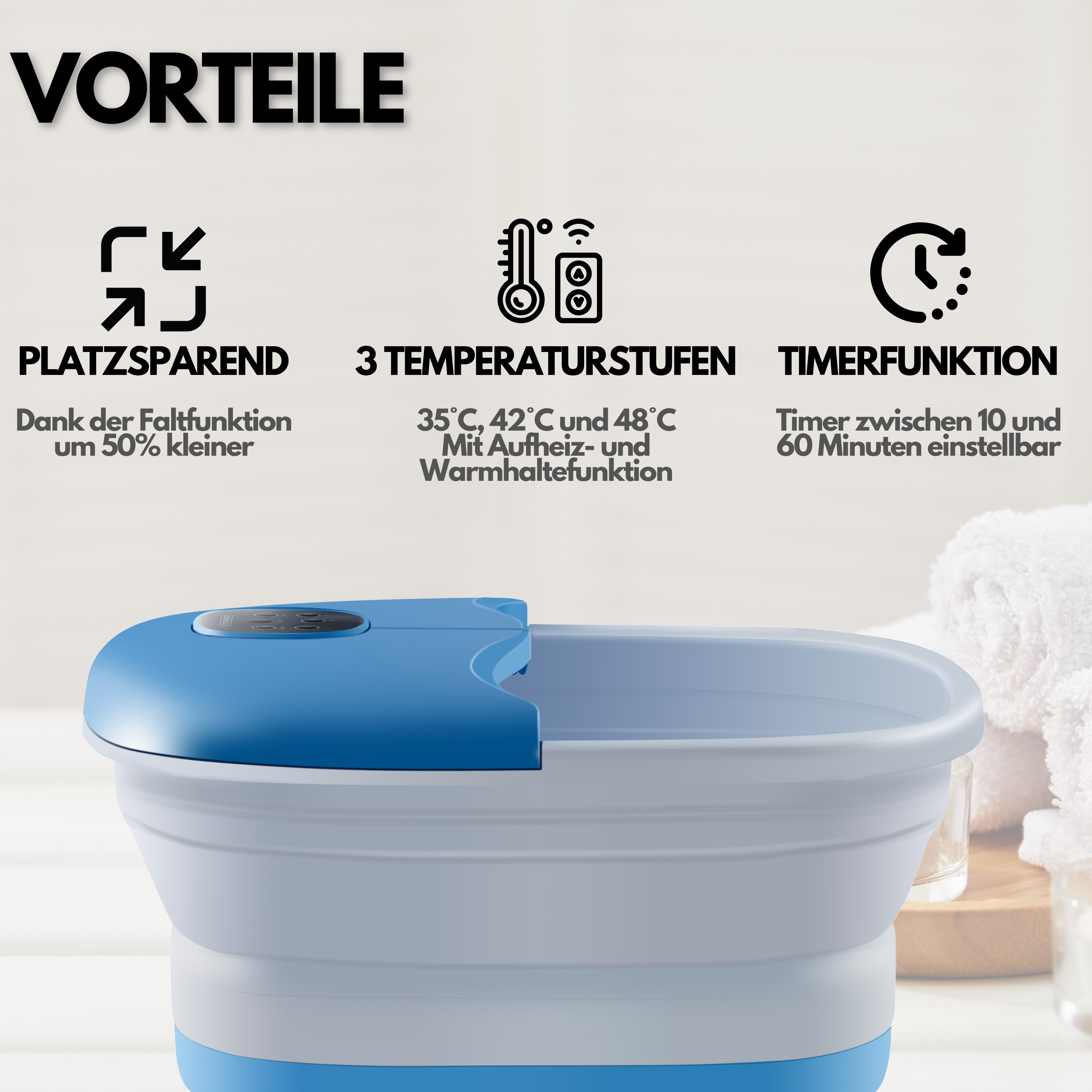 Faltbares Fußbad in Blau und Weiß. Text zeigt Vorteile: platzsparend, 3 Temperaturstufen, Timer.