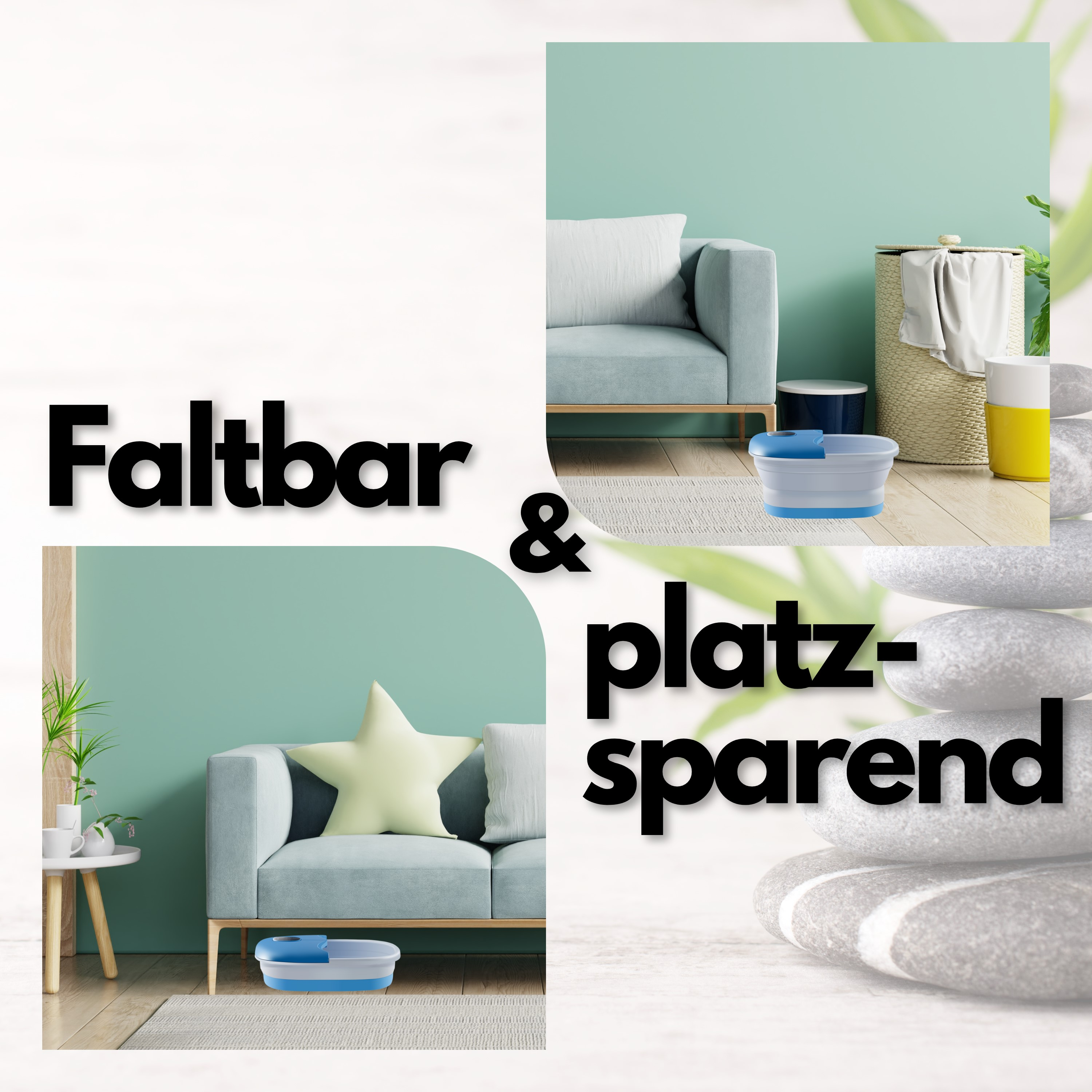 Das Wort 'Faltbar' und 'platzsparend' mit Möbeln, einem zusammengeklappten Mopp und Steinen. Hintergrund: eine Wand.