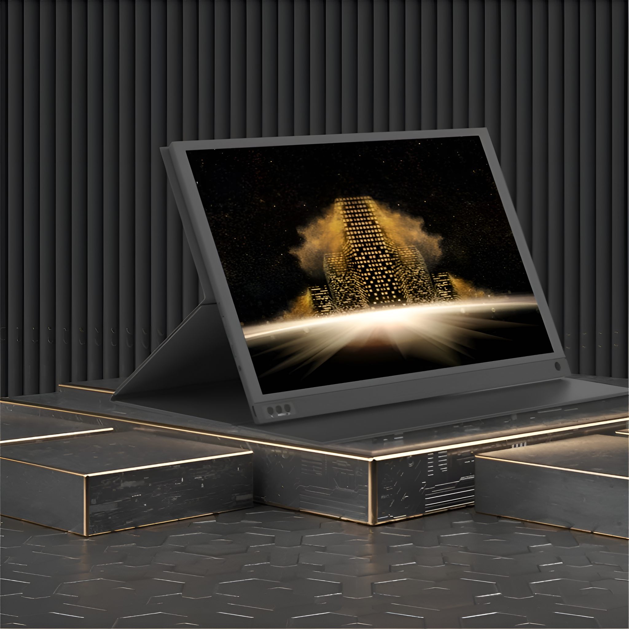 Ein schwarzer Laptop-Bildschirm, der eine Stadtszene zeigt.