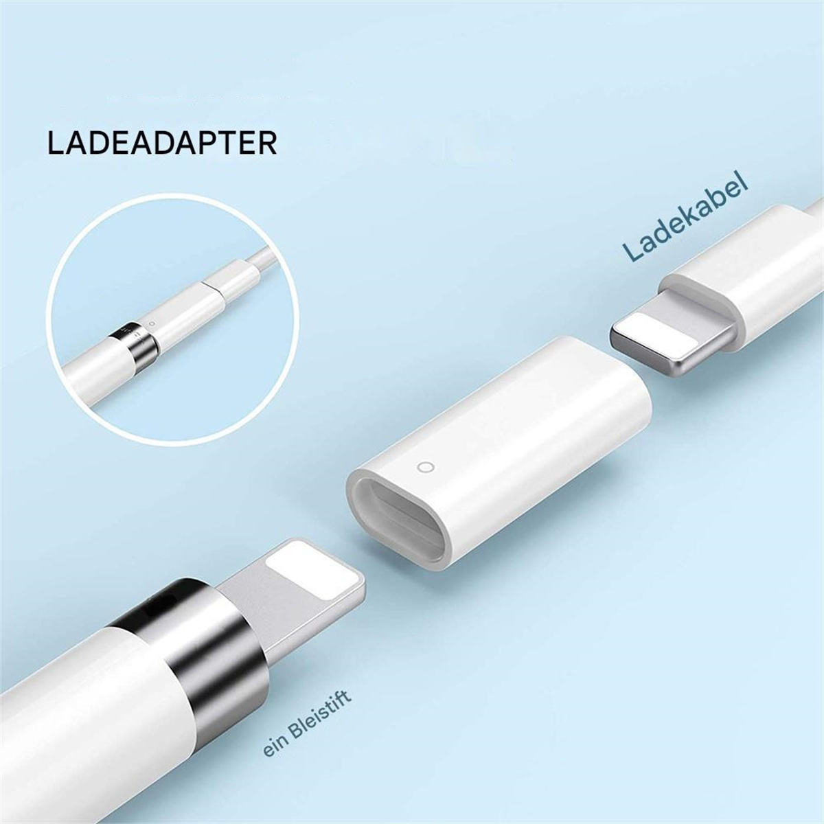 Weißer Adapter mit Ladeanschluss und weißem Stift und weißem Kabel.