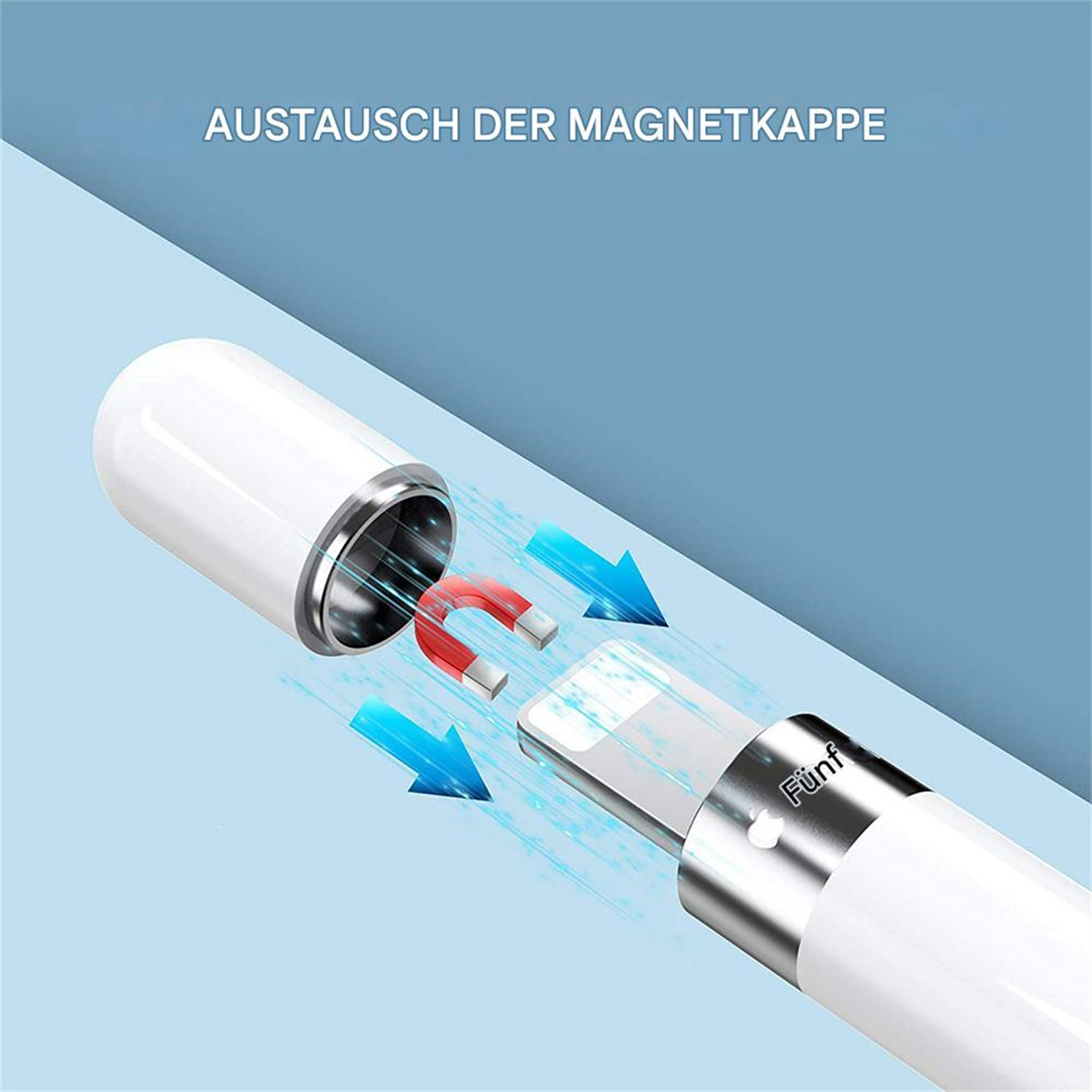 Ein weißer Apple Pencil mit Magnetkappe. Pfeile zeigen, wie die Kappe entfernt wird.