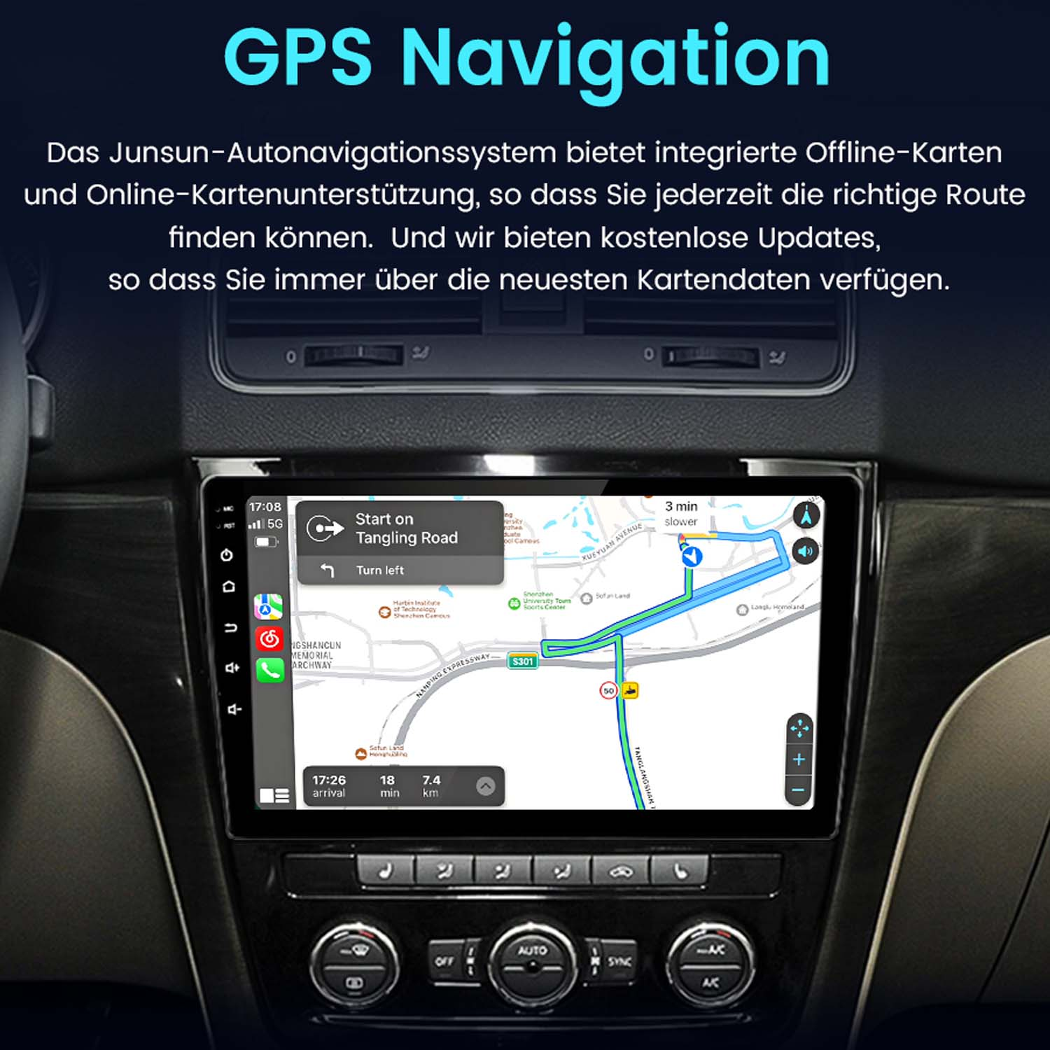 Auto-Dashboard mit GPS-Navigation auf dem Bildschirm, zeigt Karte, Route und andere Details.