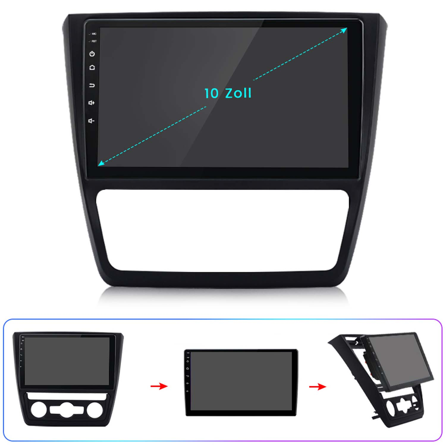 Auto-Multimedia-System mit 10-Zoll-Bildschirm und Installationsanweisungen.