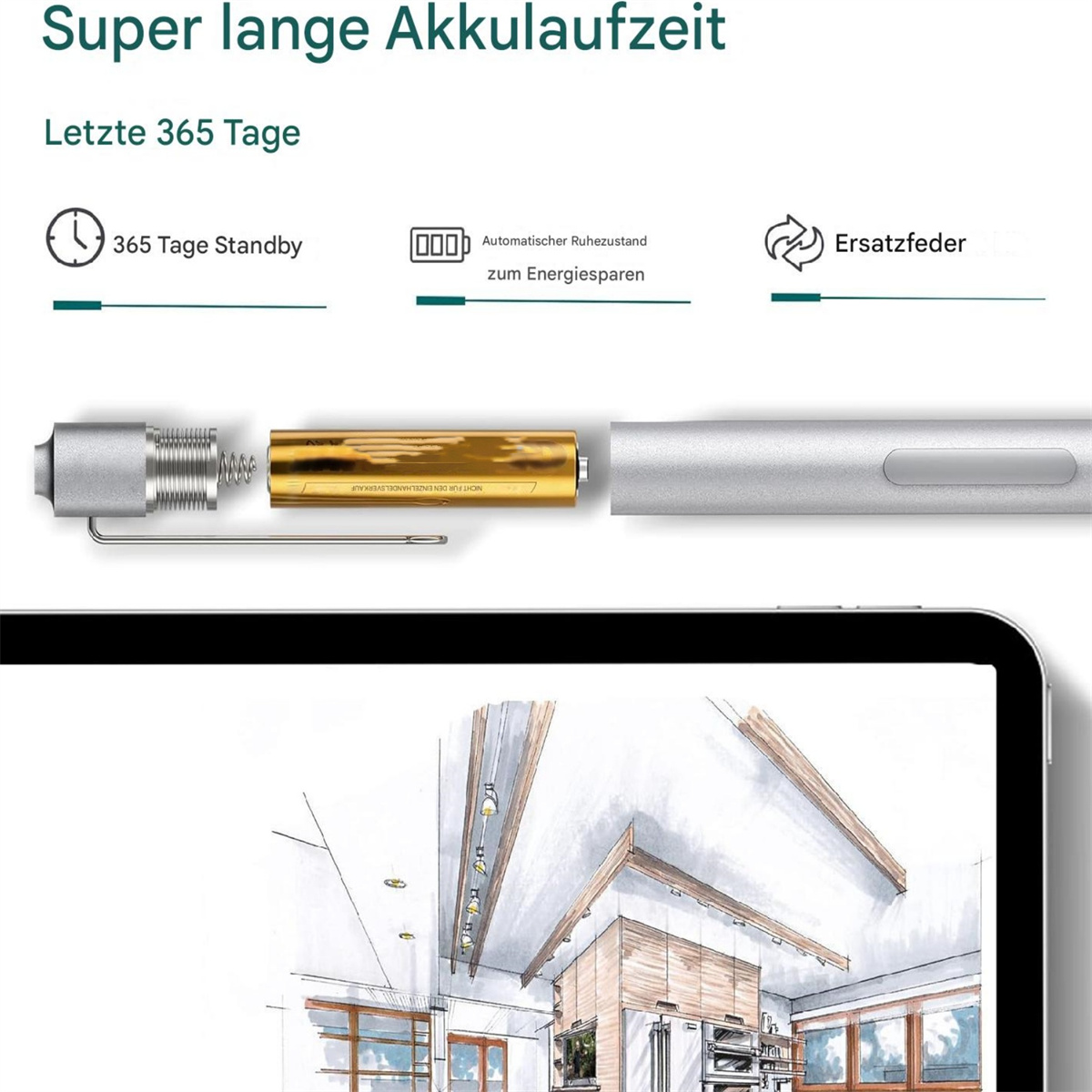 Explosionszeichnung eines Stifts mit Batterie und einer Tablet-Skizze eines Raumes. Text auf Deutsch.